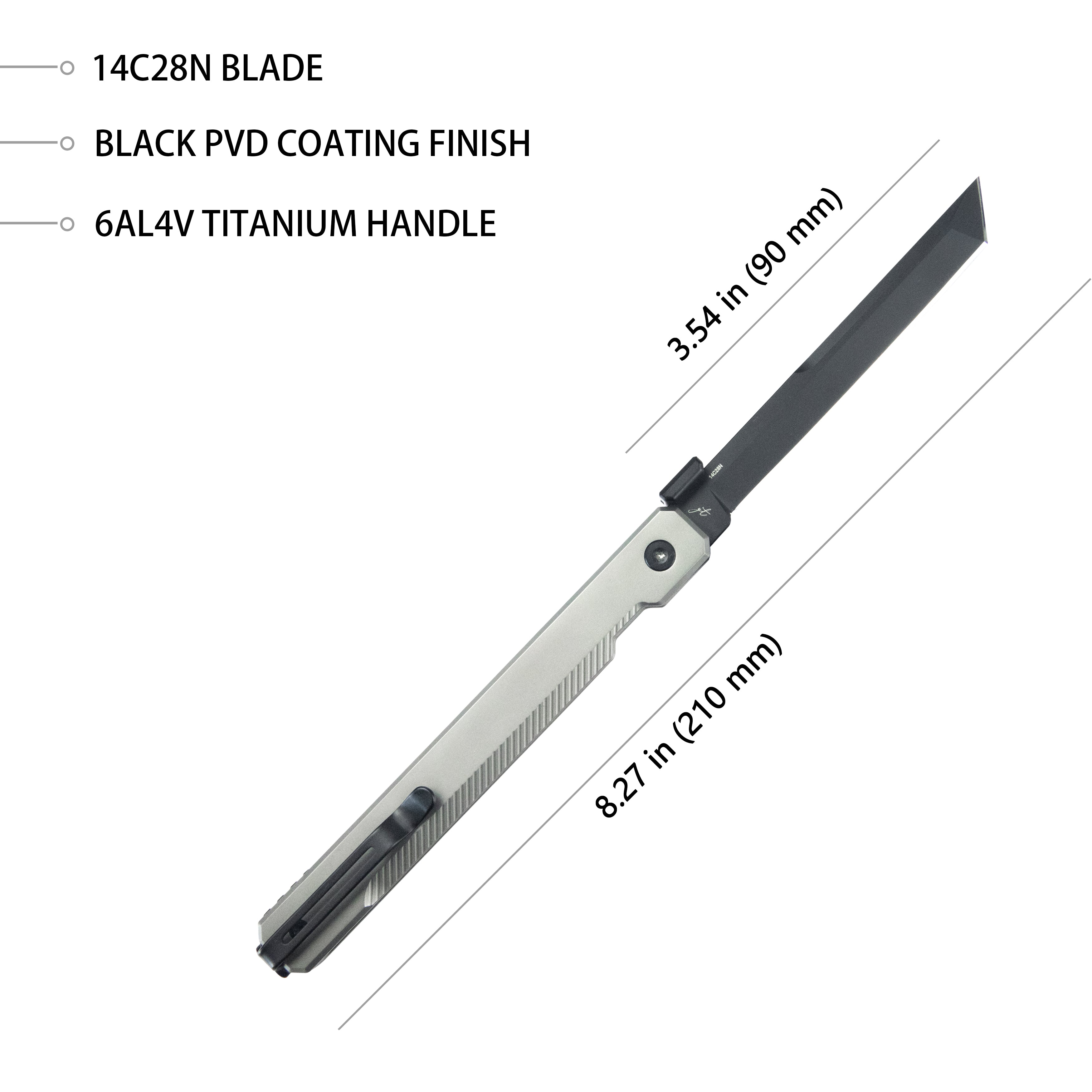 Kubey Prism Button Lock CEO Style Folding Knife Silver Gray 6AL4V Titanium Handle 3.54'' Black PVD Coating 14C28N KB243B