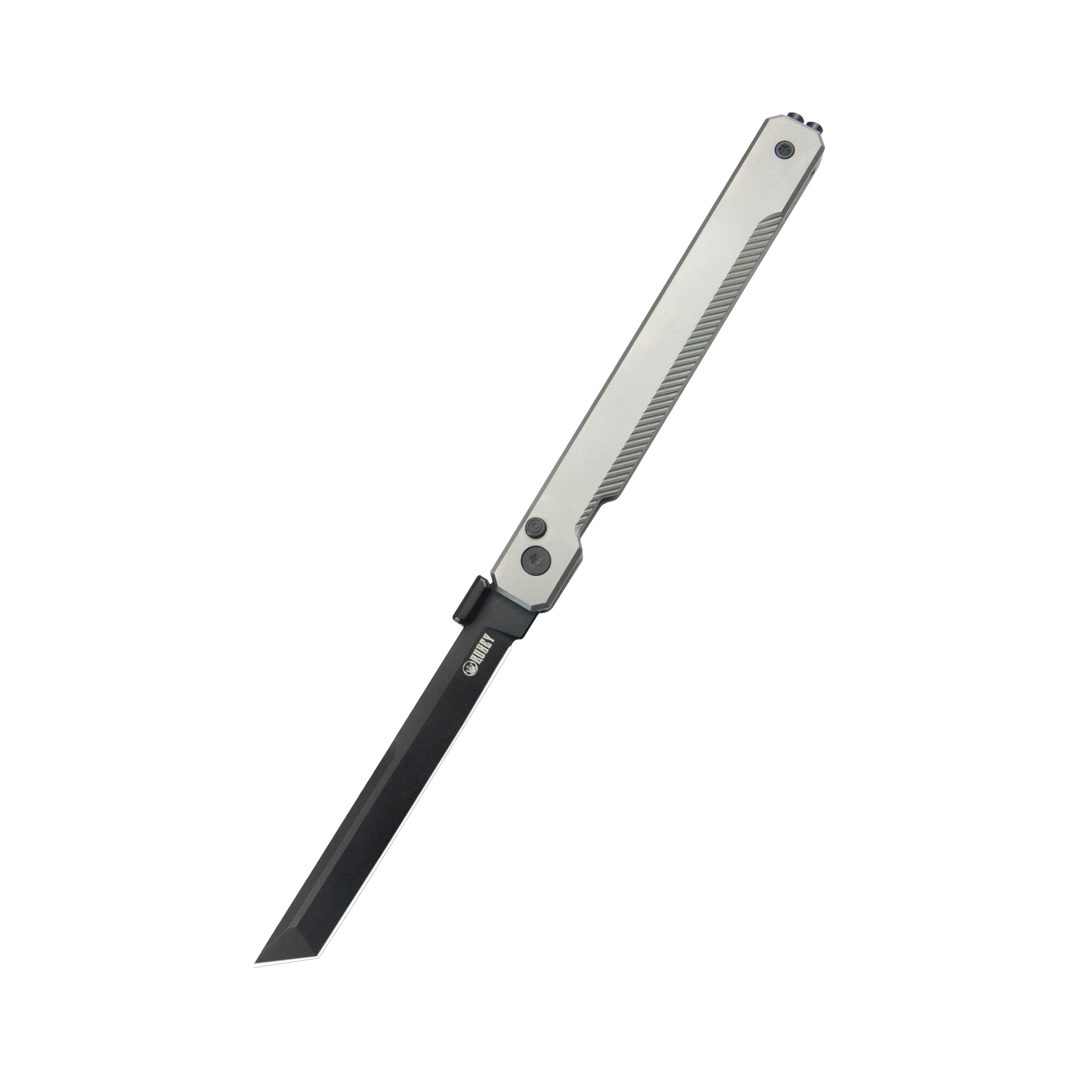 Kubey Prism Button Lock CEO Style Folding Knife Silver Gray 6AL4V Titanium Handle 3.54'' Black PVD Coating 14C28N KB243B