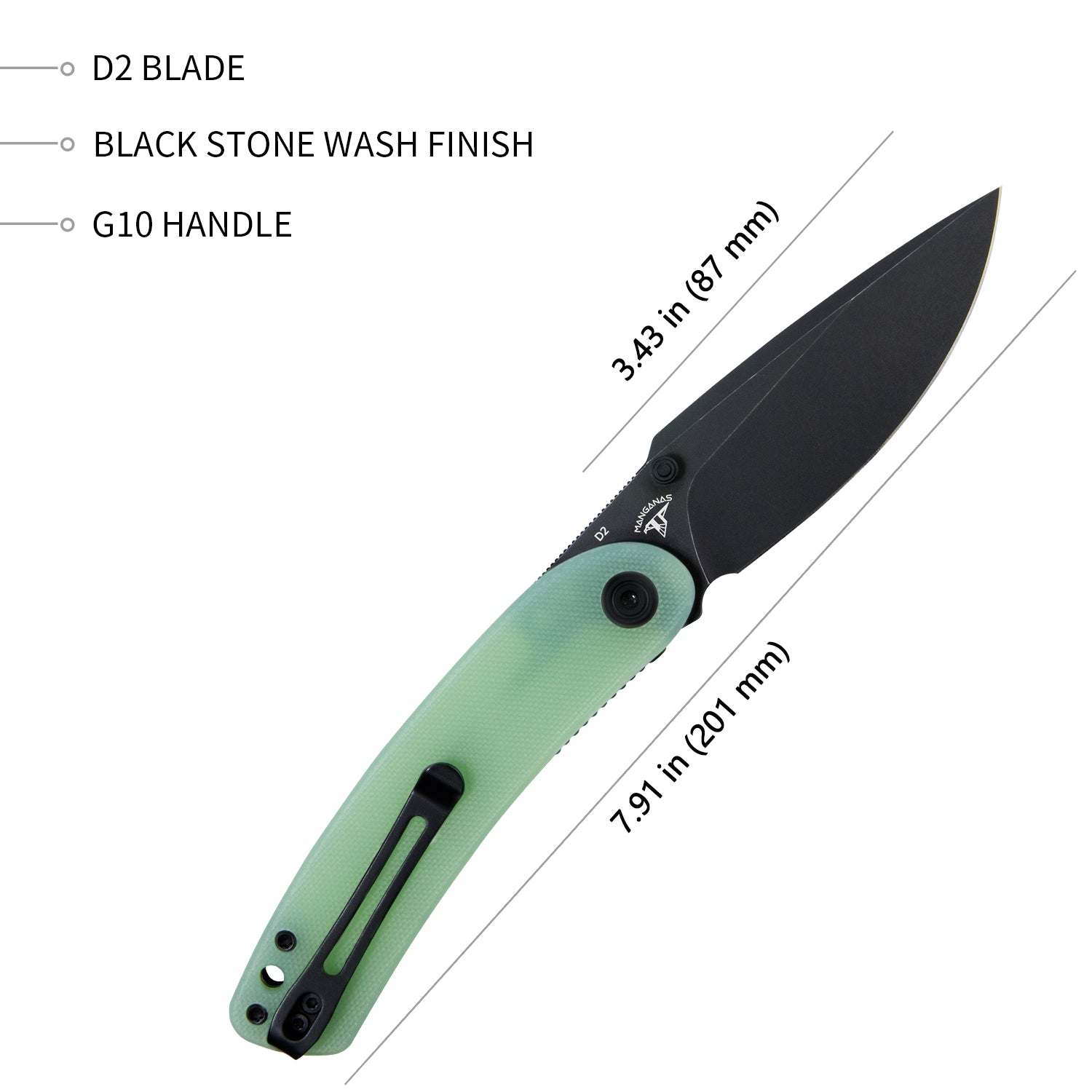 Kubey Momentum Sherif Manganas Design Liner Lock Front Flipper / Dual Studs Open Folding Knife Jade G10 Handle 3.43" Darkwashed D2 KU344C