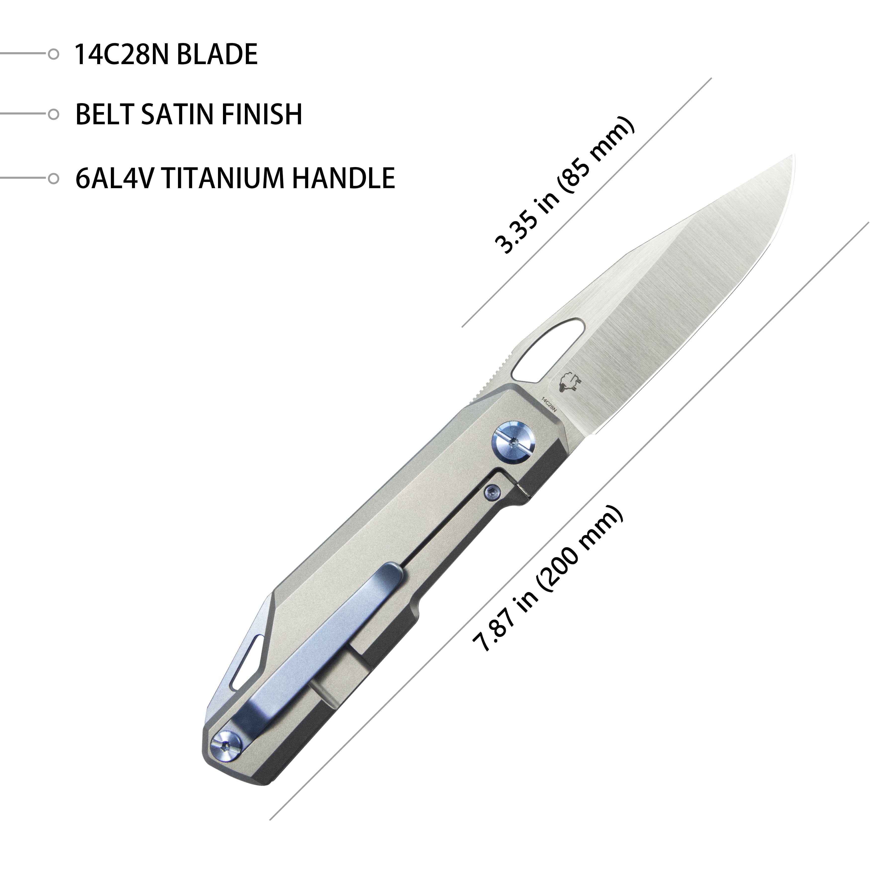 Verijero Fronter Flipper Pocket Knife Everyday Carry Grey 6AL4V Titanium Handle 3.35" Belt Satin 14C28N KB340A
