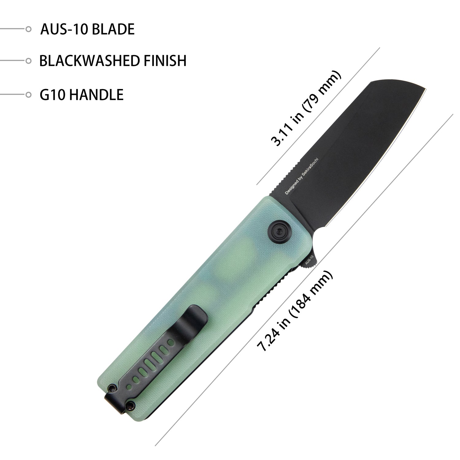 Kubey Sailor Liner Lock Flipper Outdoor Pocket Knife Jade G10 Handle 3.11" Blackwashed AUS-10 Blade KU317D