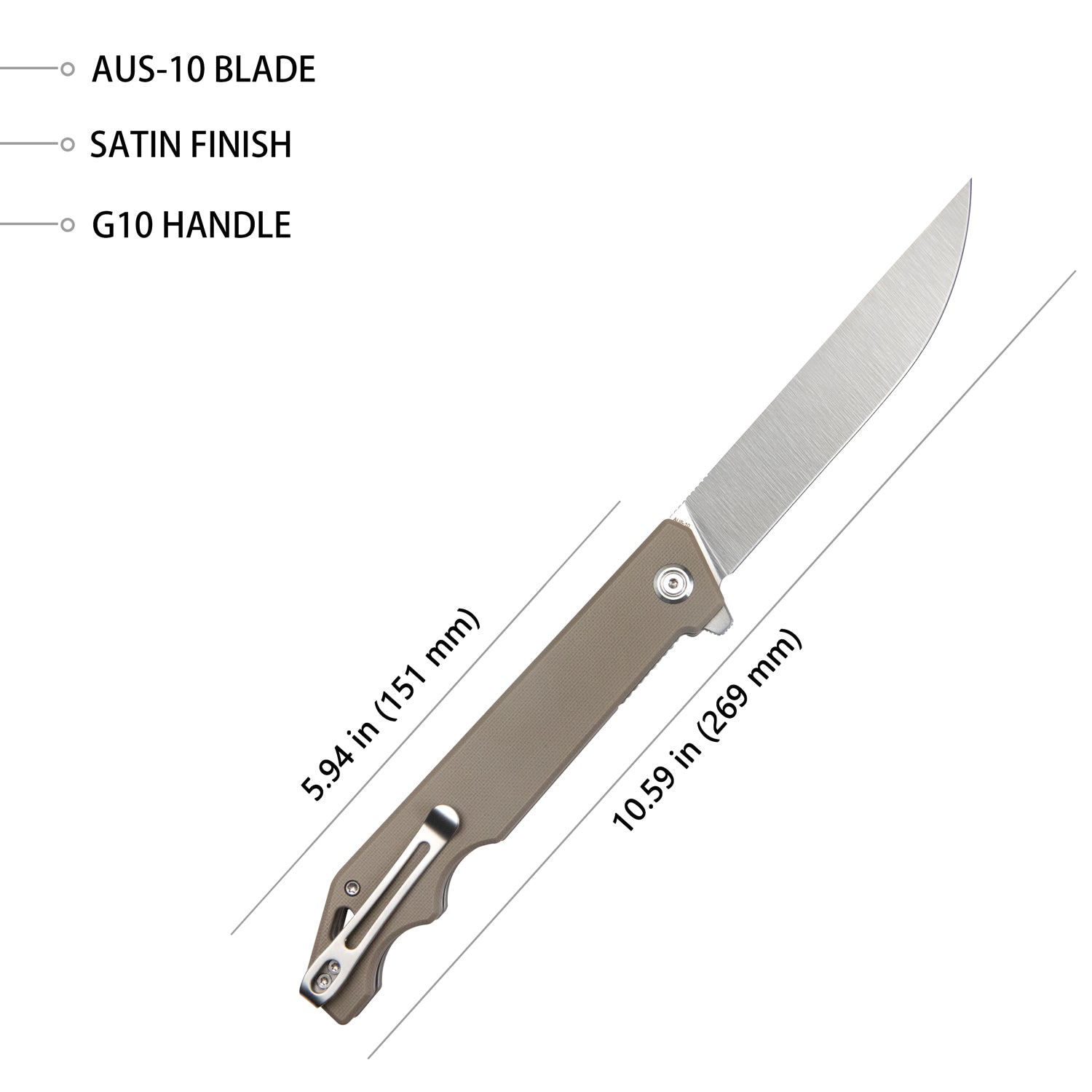 Kubey Pylades Liner Lock Flipper Folding Knife Tan Handle 4.65" Satin AUS-10 KU253E