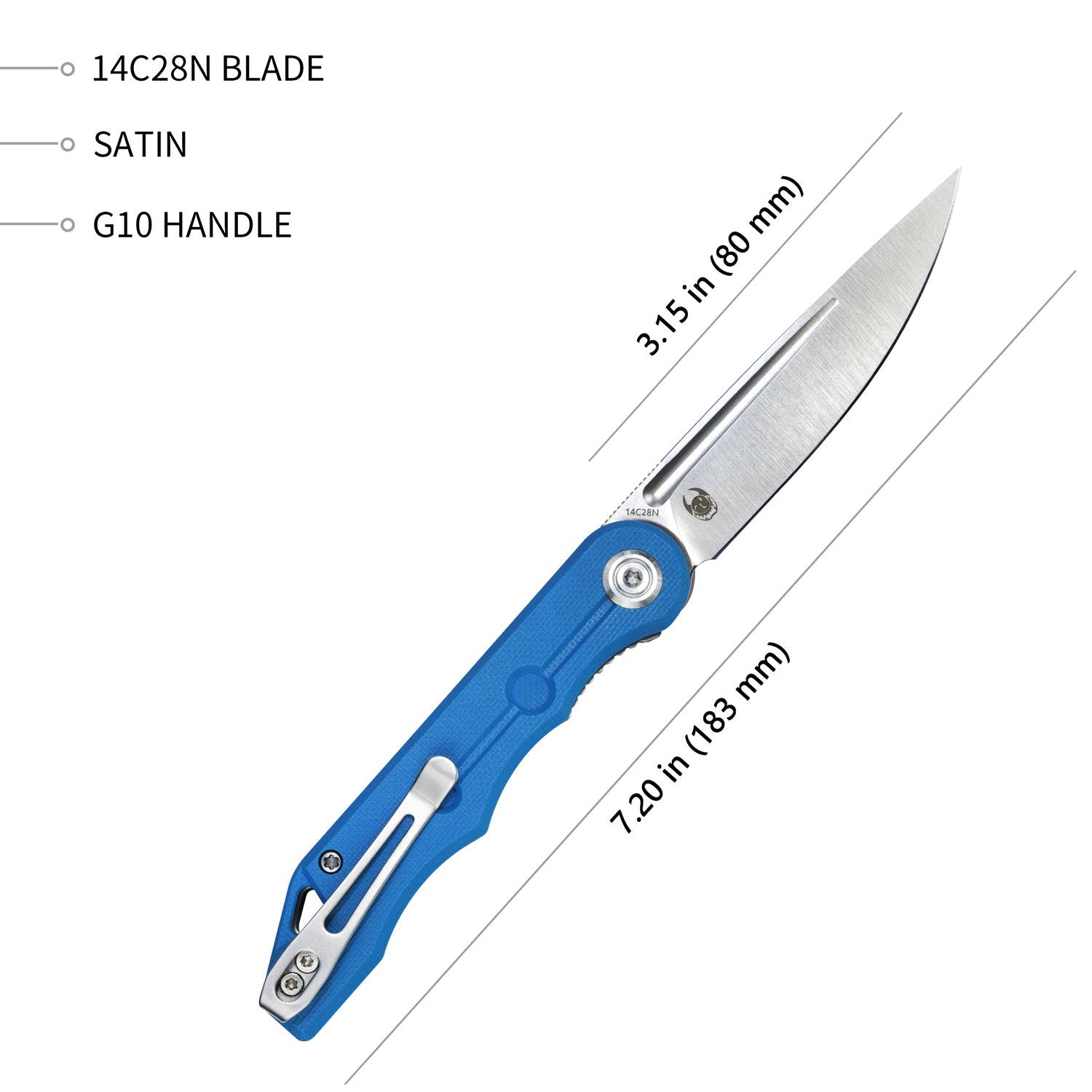 Kubey Mizo Liner Lock Front Flipper Folding Knife Blue G10 Handle 3.15" Satin 14C28N KU2101B