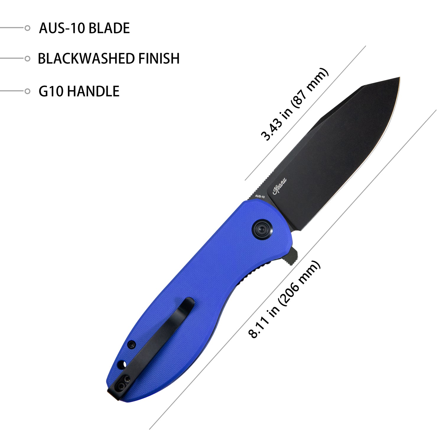 Kubey Master Chief Outdoor Folding Pocket Knife Blue G10 Handle 3.43" Blackwash AUS-10 KU358G