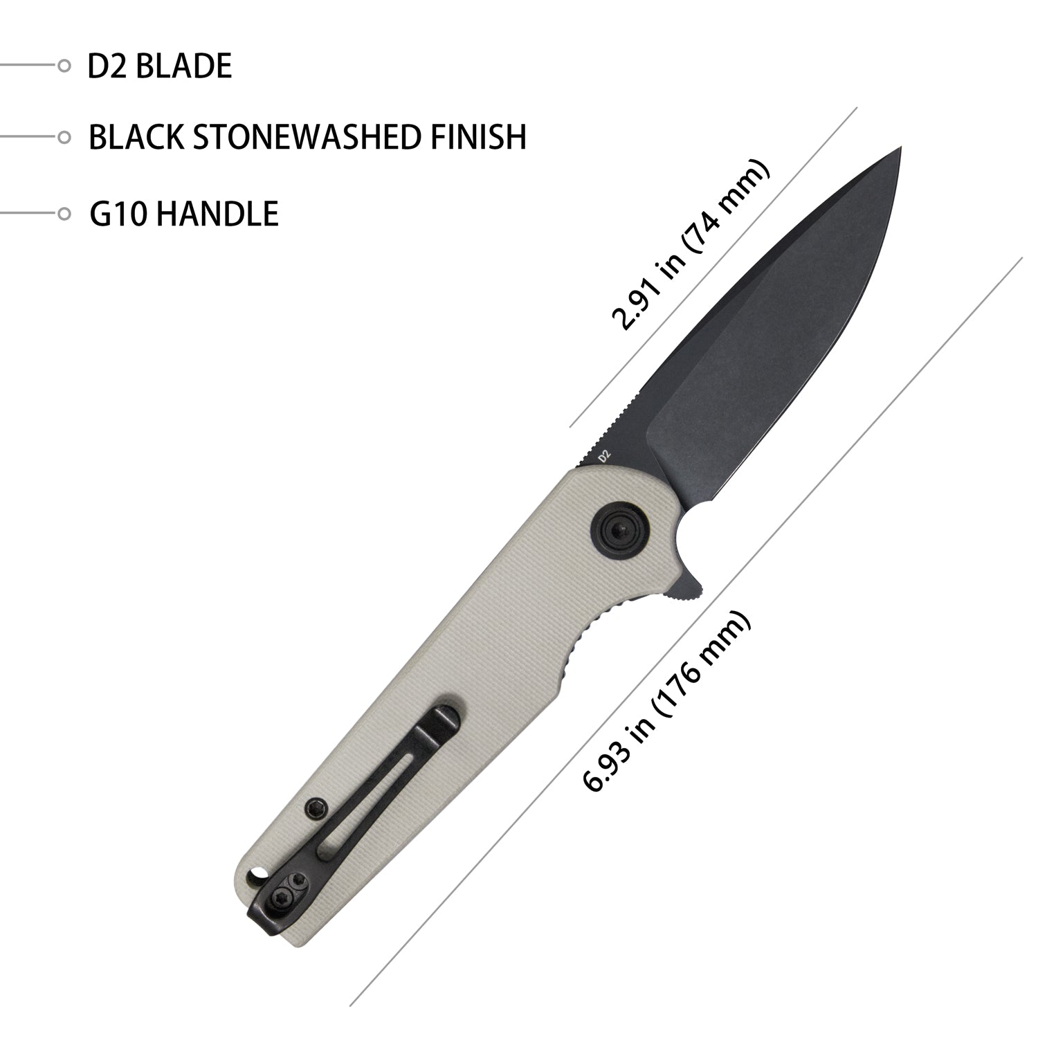 Kubey Wolverine Liner Lock Folding Knife Ivory G10 Handle 2.91" Dark Stonewashed D2 KU233G