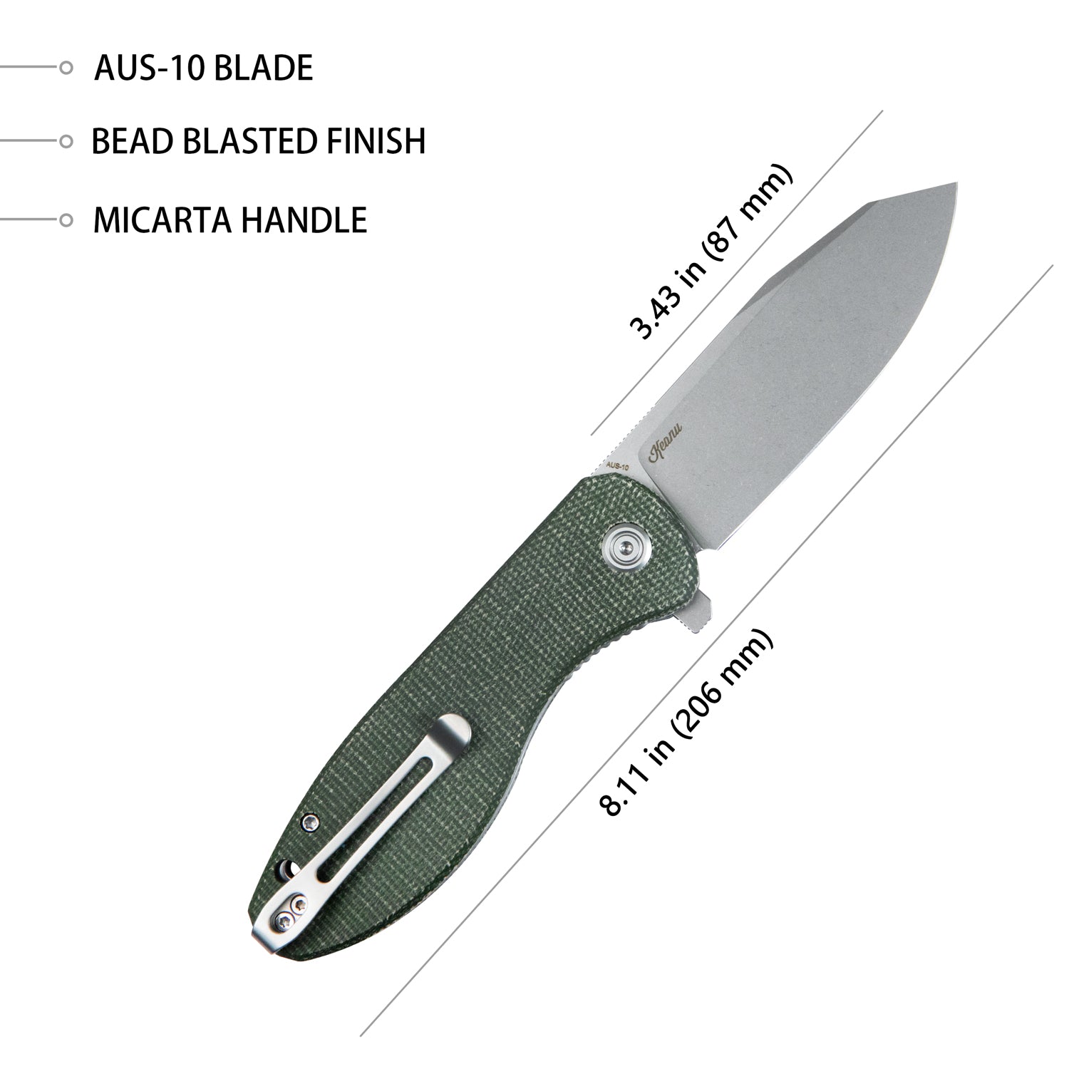 Kubey Master Chief Outdoor Folding Pocket Knife Green Micarta Handle 3.43" Beadblast AUS-10 KU358I