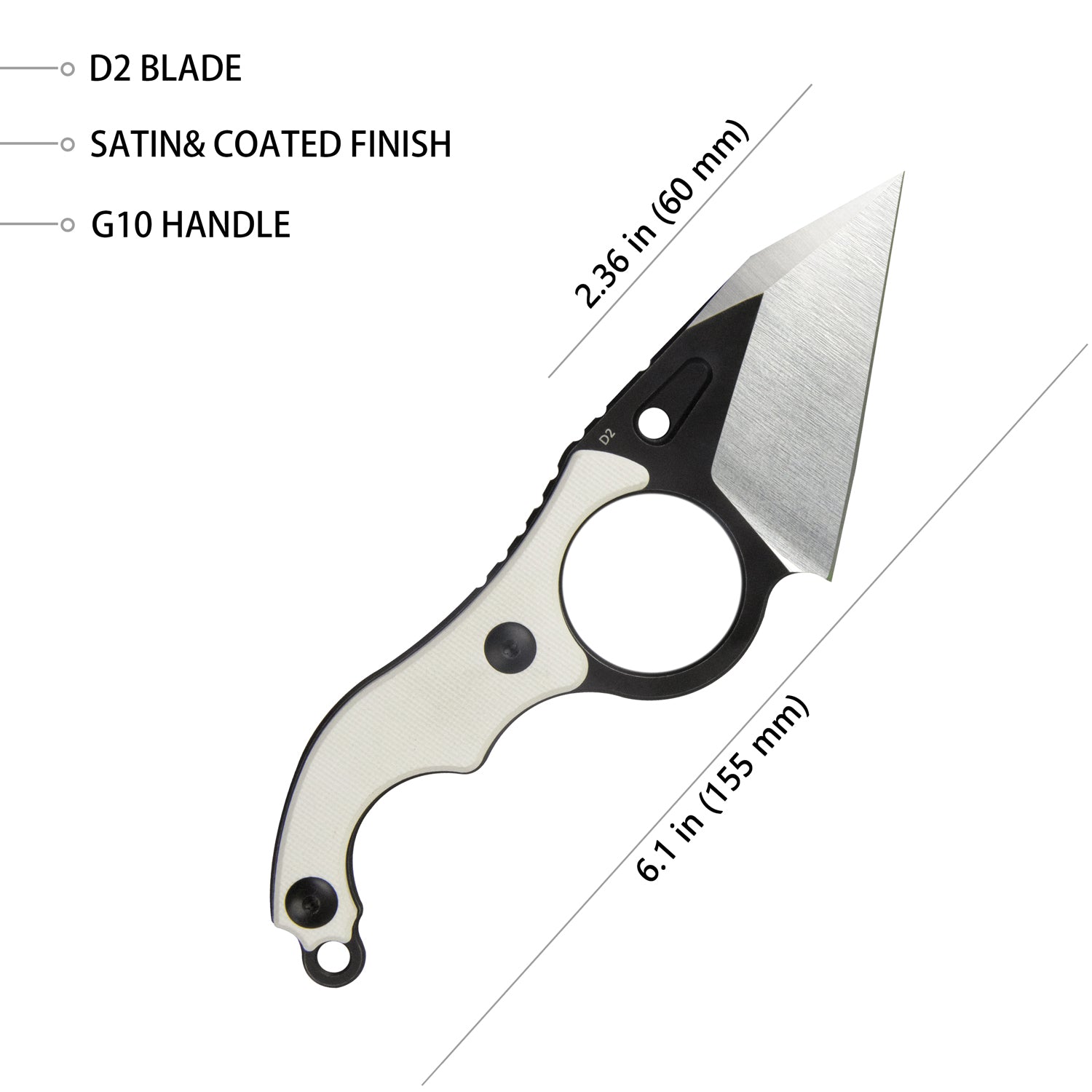 Kubey Hippocam Fixed Blade Knife Everyday Carry Blackwash G10 Handle 3.82''Satin Blackwash D2 Blade KU166C