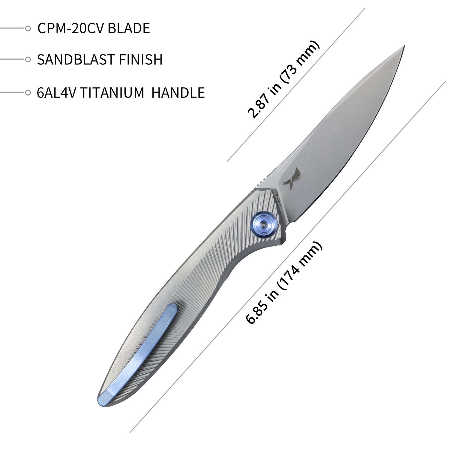 Kubey Pike Liner Lock Folding Knife Gray CPM-20CV Titanium Handle 2.87" Sand Blasted 6AL4V Titanium KB2103A