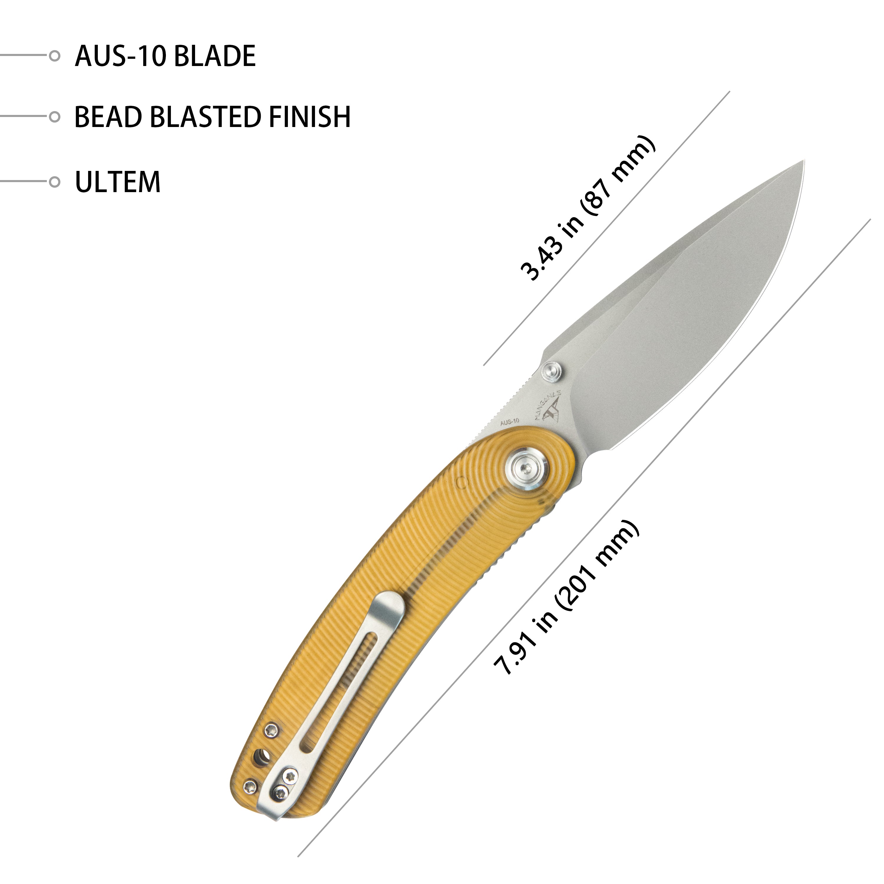 Kubey Momentum Sherif Manganas Design Liner Lock Front Flipper / Dual Studs Open Folding Knife Ultem Handle 3.43" Bead Blasted AUS-10 KU344M