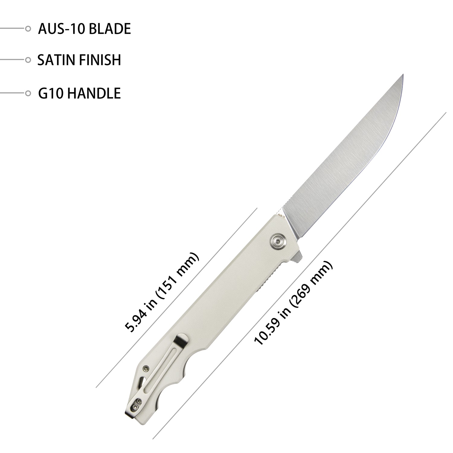 Kubey Pylades Liner Lock Flipper Folding Knife Ivory Handle 4.65" Satin AUS-10 KU253G