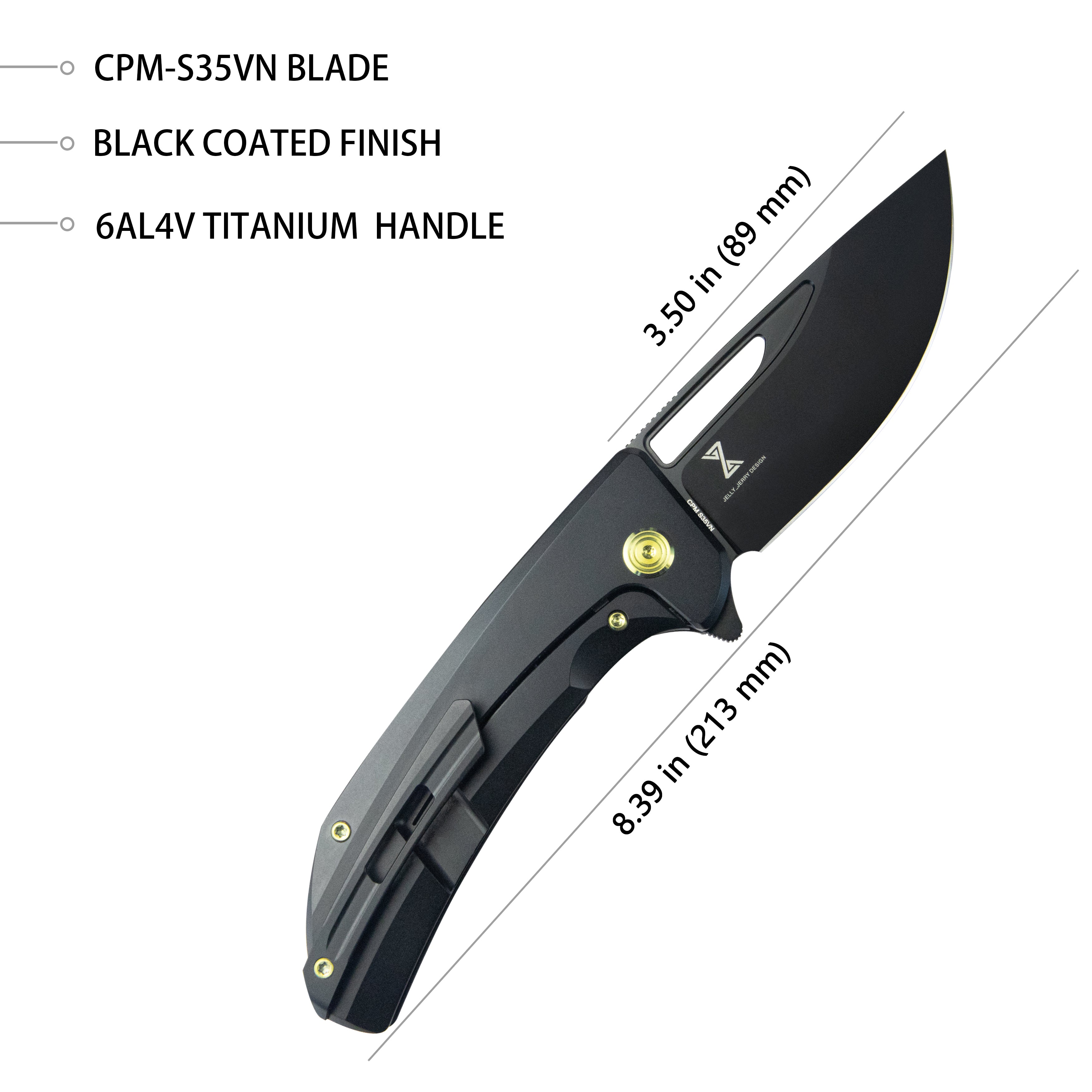 Kubey Hyperion Frame Lock Tactical Knife Black 6AL4V Titanium Handle 3.5" Black Coated CPM-S35VN KB368B