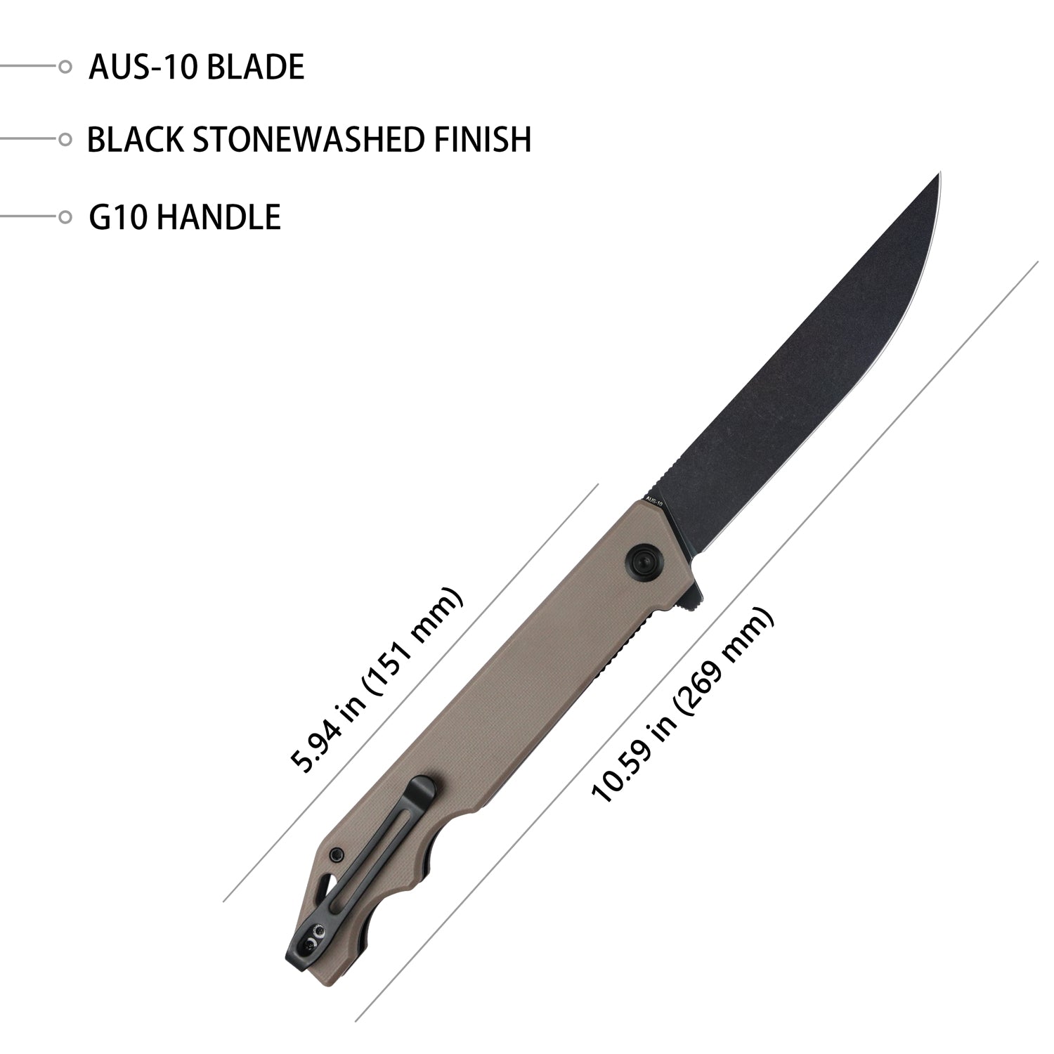 Kubey Pylades Liner Lock Flipper Folding Knife Tan G10 Handle 4.65" Blackwash AUS-10 KU253C