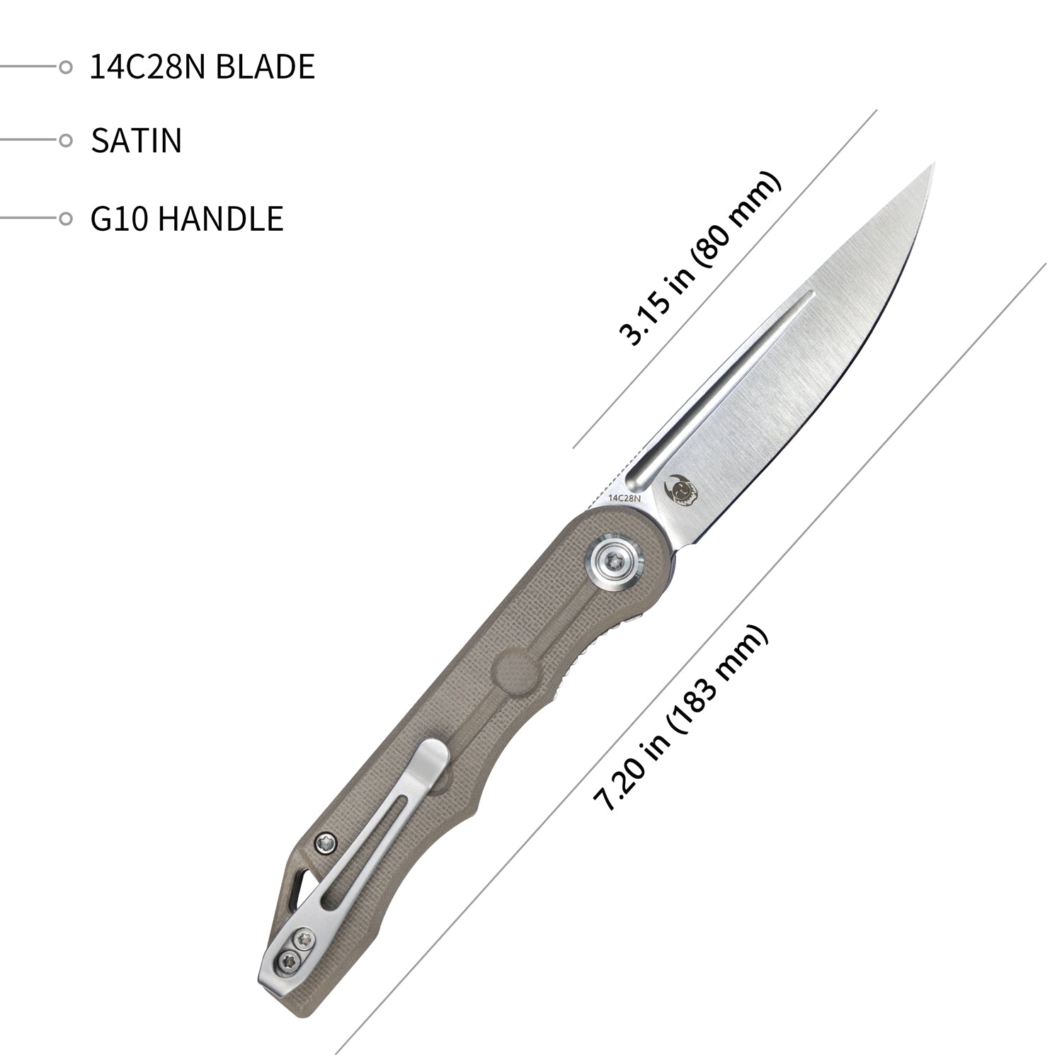 Kubey Mizo Liner Lock Front Flipper Folding Knife Tan G10 Handle 3.15" Satin 14C28N KU2101E