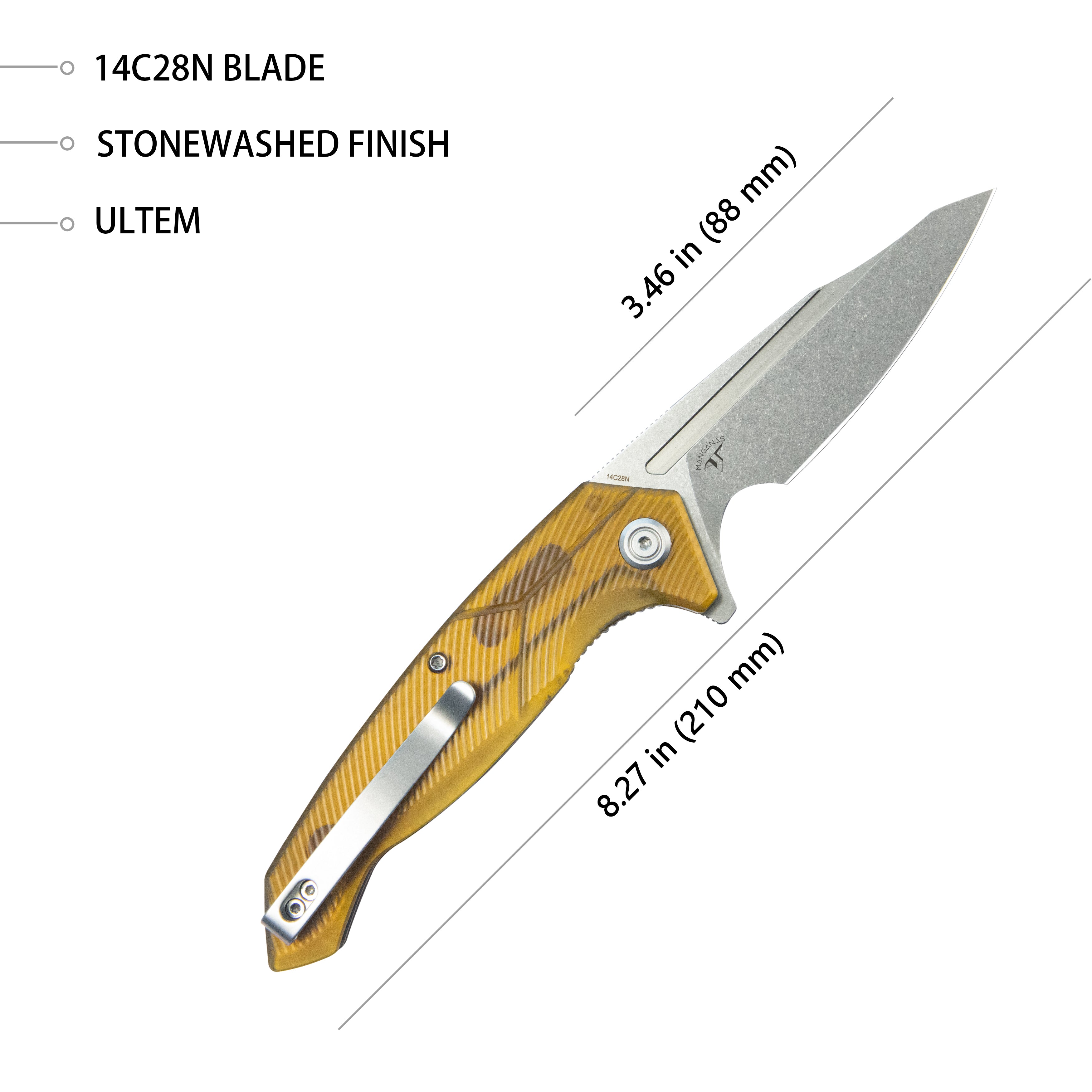 Kubey RBC-1 Outdoor Flipper Knife Ultem Handle 3.46" Stonewash 14C28N KU373D