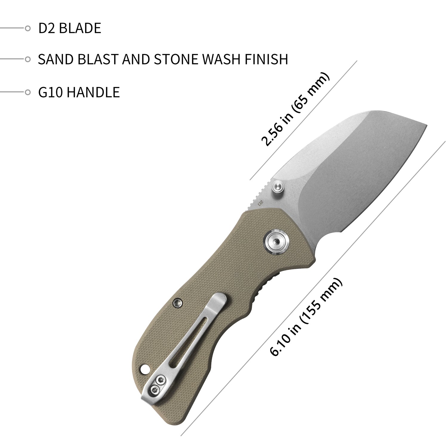 Kubey Karaji Liner Lock Dual Thumb Studs Open Folding Pocket Knife Tan G10 Handle 2.56" Bead Blasted D2 KU180B