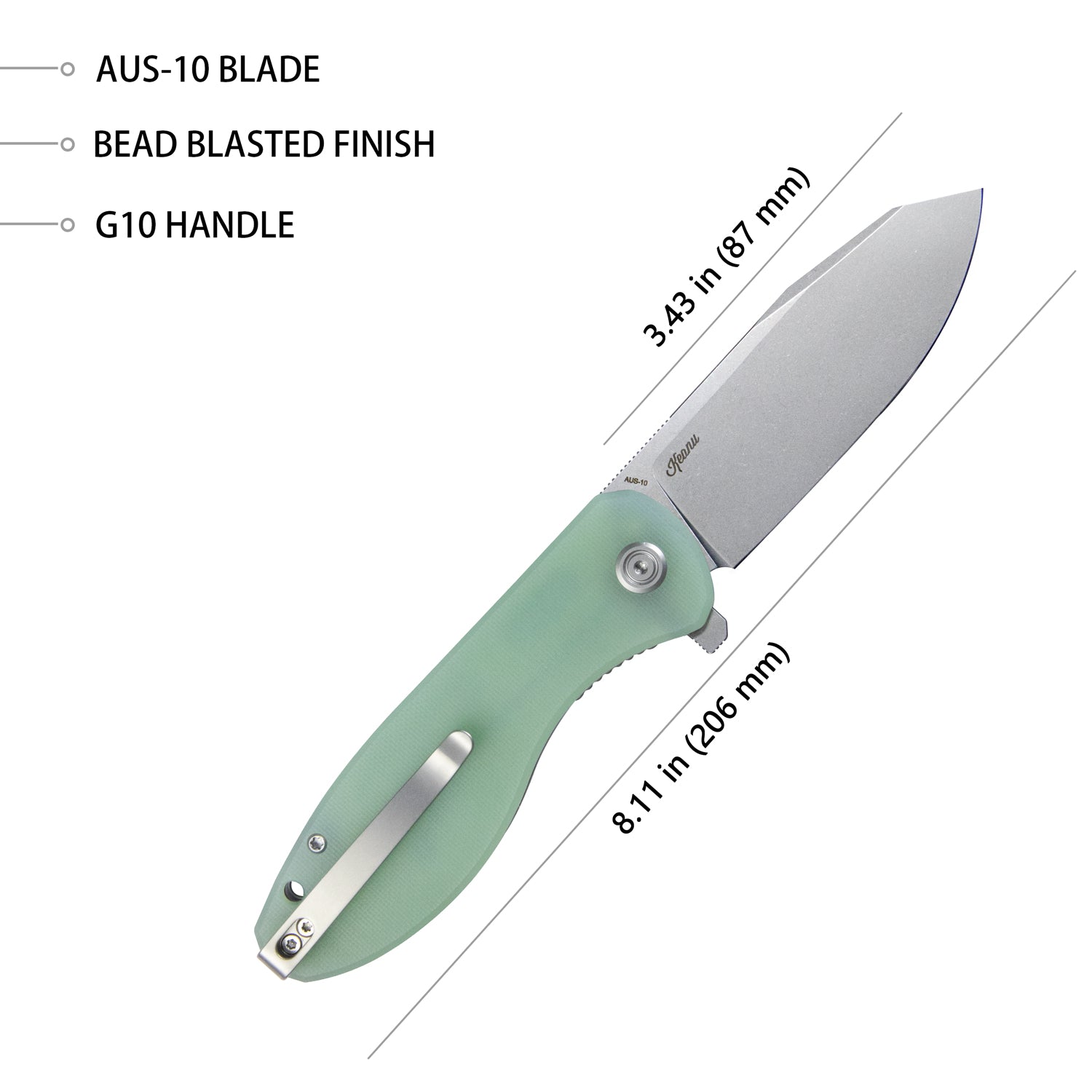 Kubey Master Chief Outdoor Folding Pocket Knife Jade G10 Handle 3.43" Beadblast AUS-10 KU358C