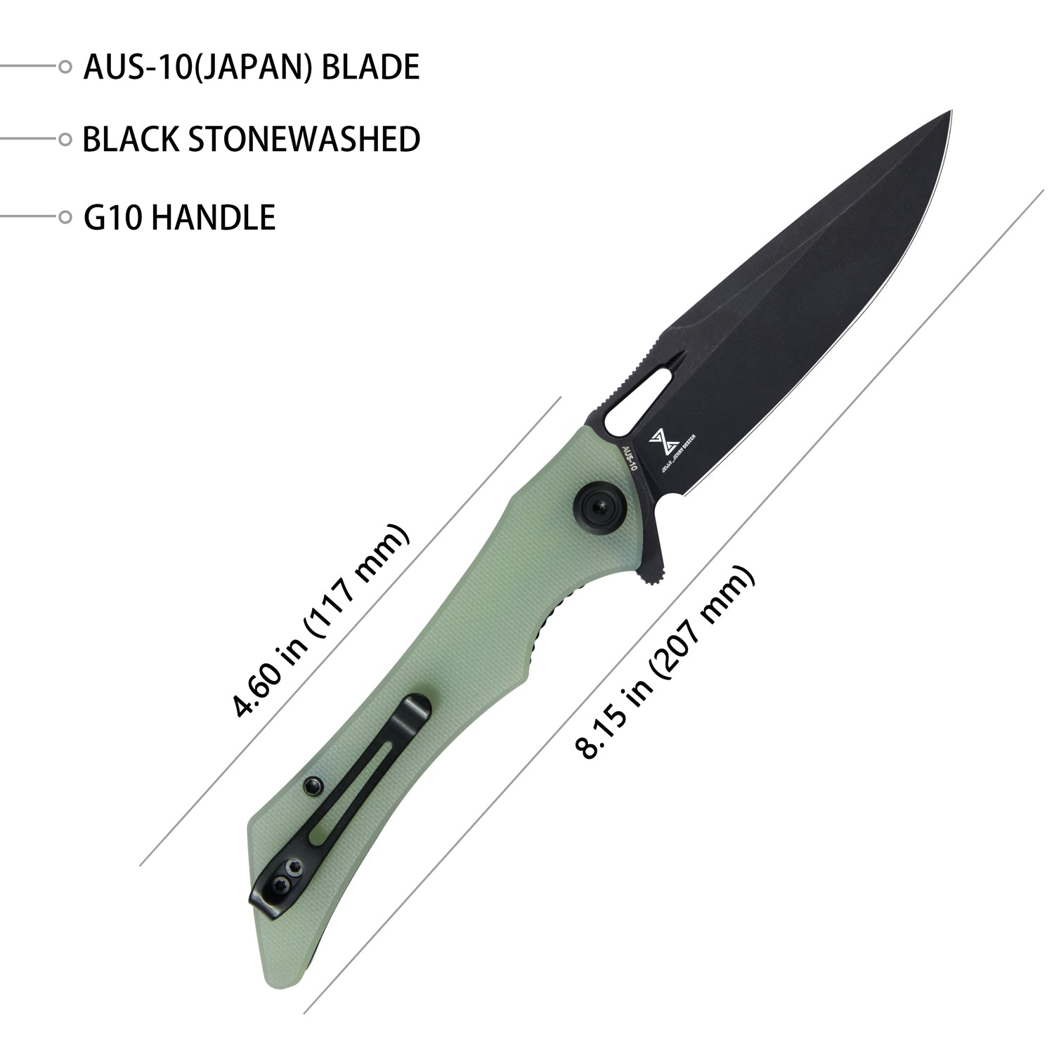 Kubey Raven Liner Lock Flipper Knife Jade G10 Handle 3.5" Dark Stonewashed AUS-10 KB245G