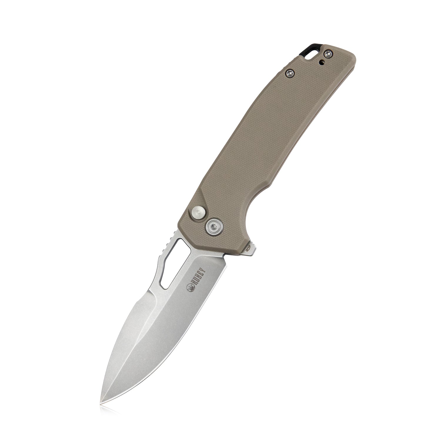 Kubey RDF Pocket Knife with Button Lock, Full-Contoured Tan G-10 Handle 3.11" Bead Blasted AUS-10 Blade, Lightweight Hydra Designed Folding Knife for EDC KU316D
