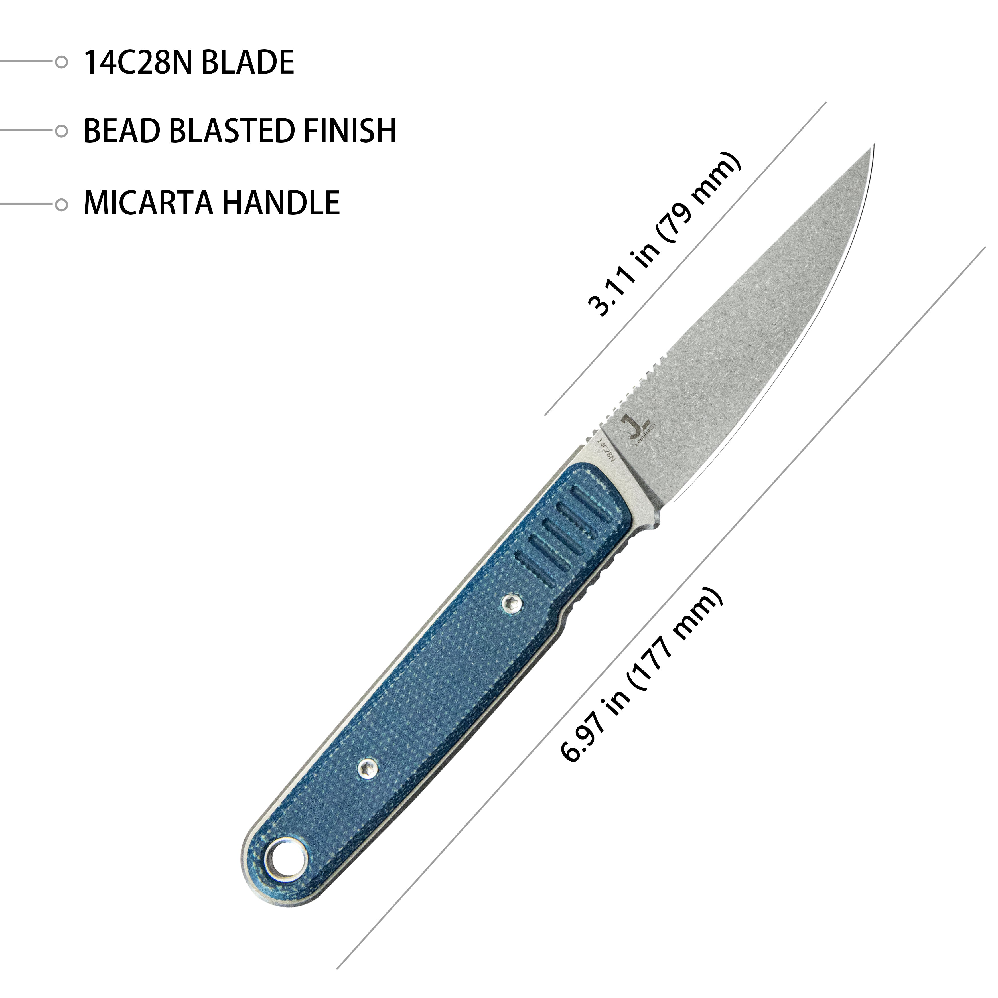 Kubey JL Drop Point Fixie Everyday Carry Fixed Blade Knife Denim Micarta Handle 3.11" Beadblast 14C28N KU356B