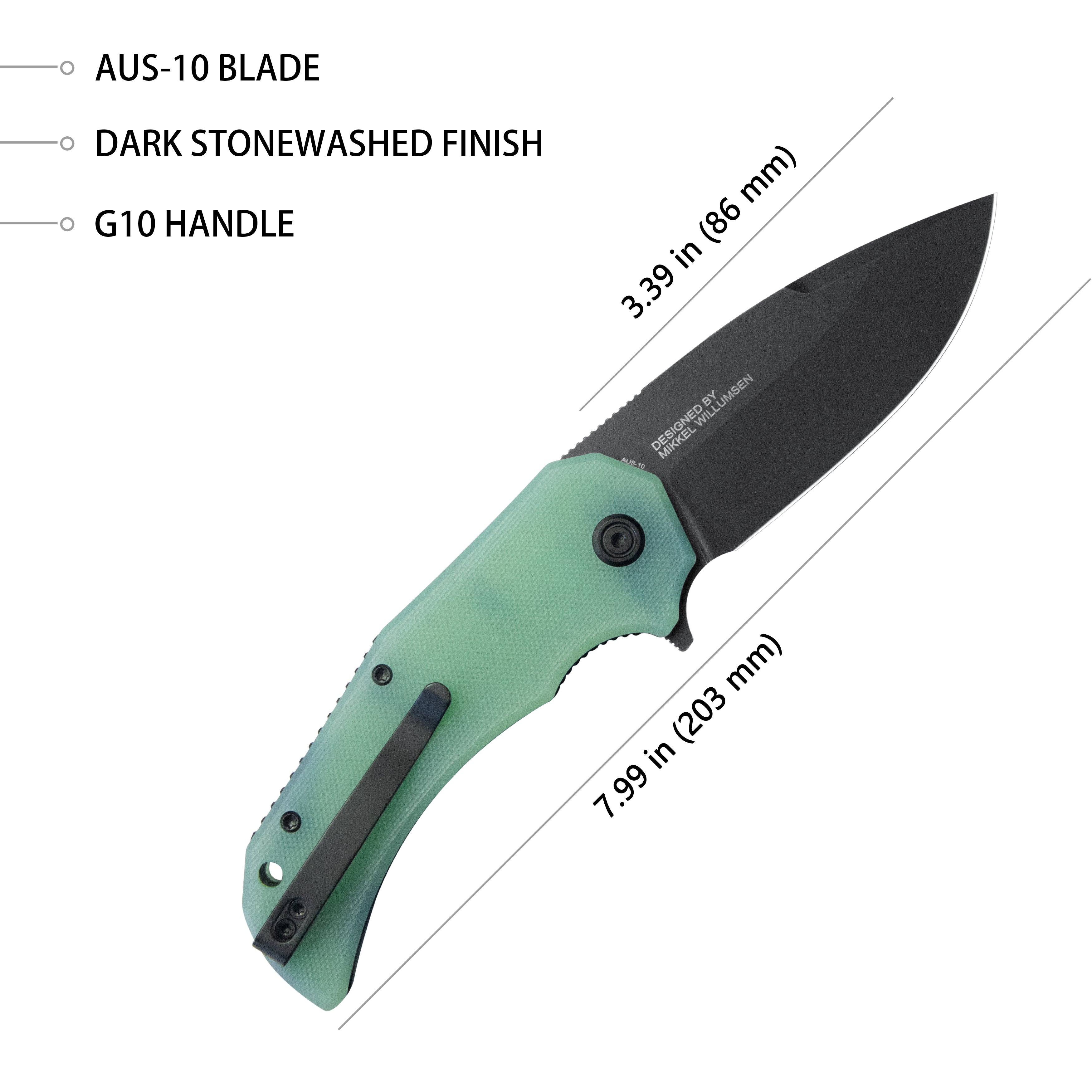 Kubey Mikkel Willumsen Design Bravo one Drop Point Outdoor Folding Camping Knife Jade G10 Handle 3.39" Blackwash AUS-10 KU319C