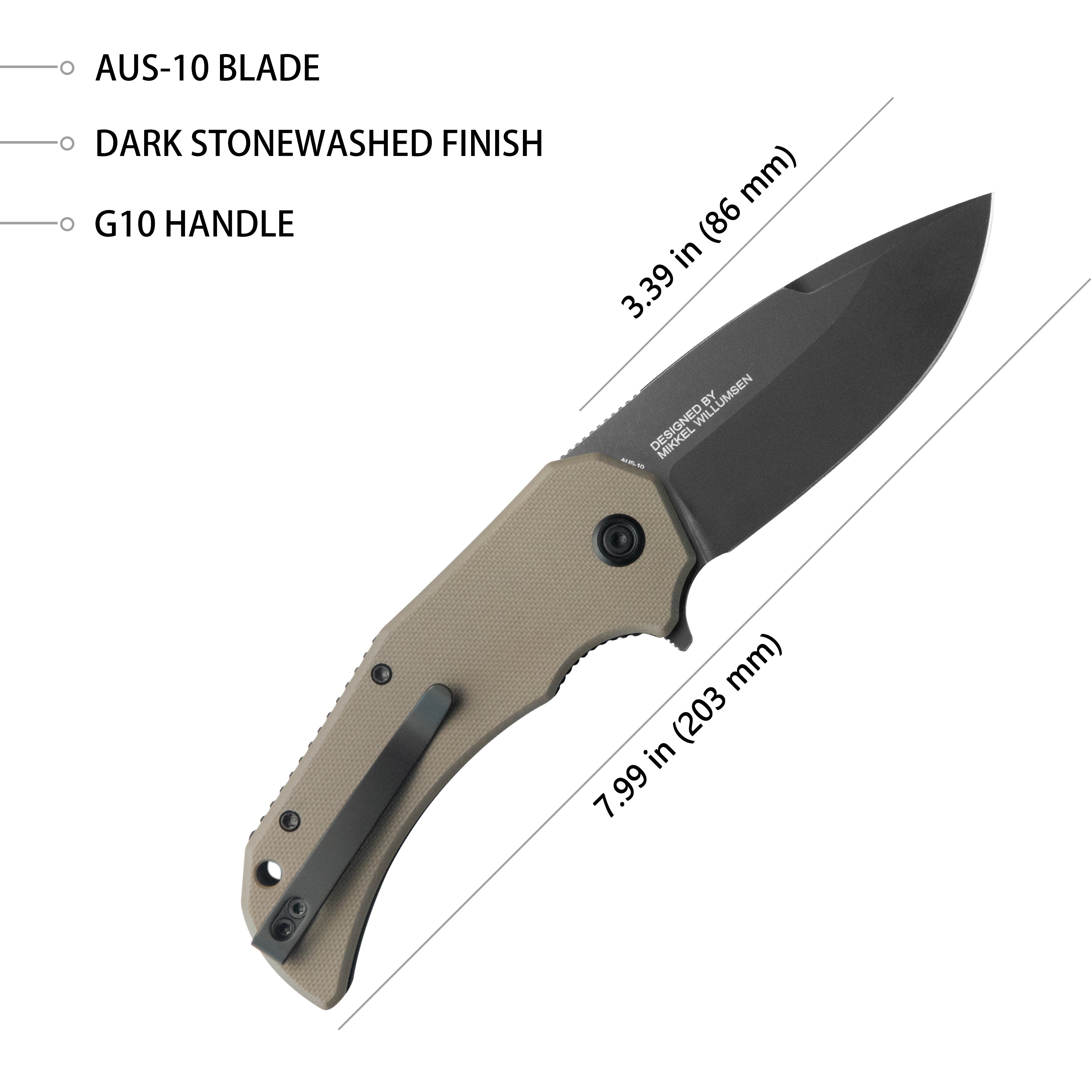 Kubey Mikkel Willumsen Design Bravo one Drop Point Outdoor Folding Camping Knife Tan G10 Handle 3.39" Blackwash AUS-10 KU319D