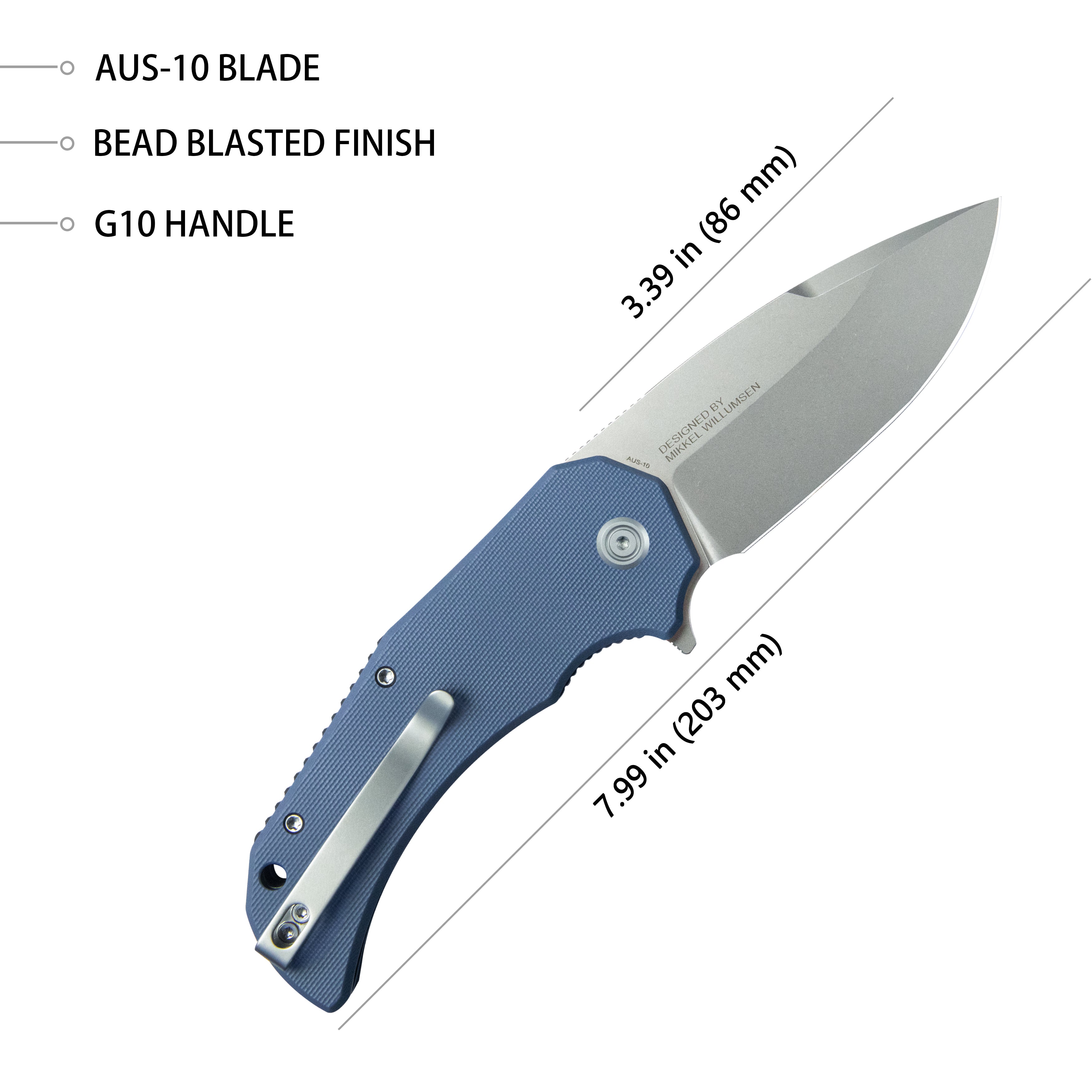 Kubey Mikkel Willumsen Design Bravo one Drop Point Outdoor Folding Camping Knife Denim Blue G10 Handle 3.39" Beadblast AUS-10 KU319A