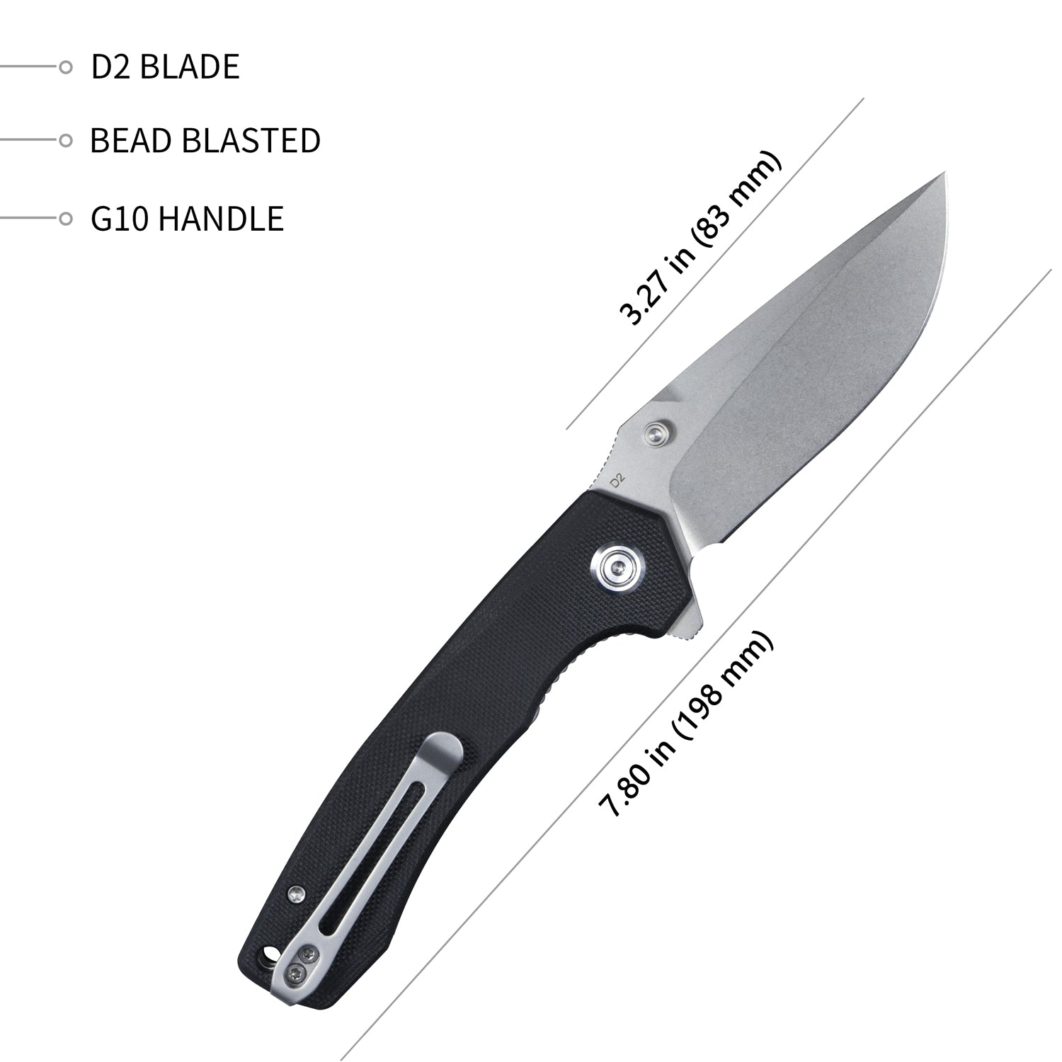Kubey Calyce Liner Lock Flipper Folding Knife Black G10 Handle 3.27" Bead Blasted D2 KU901A