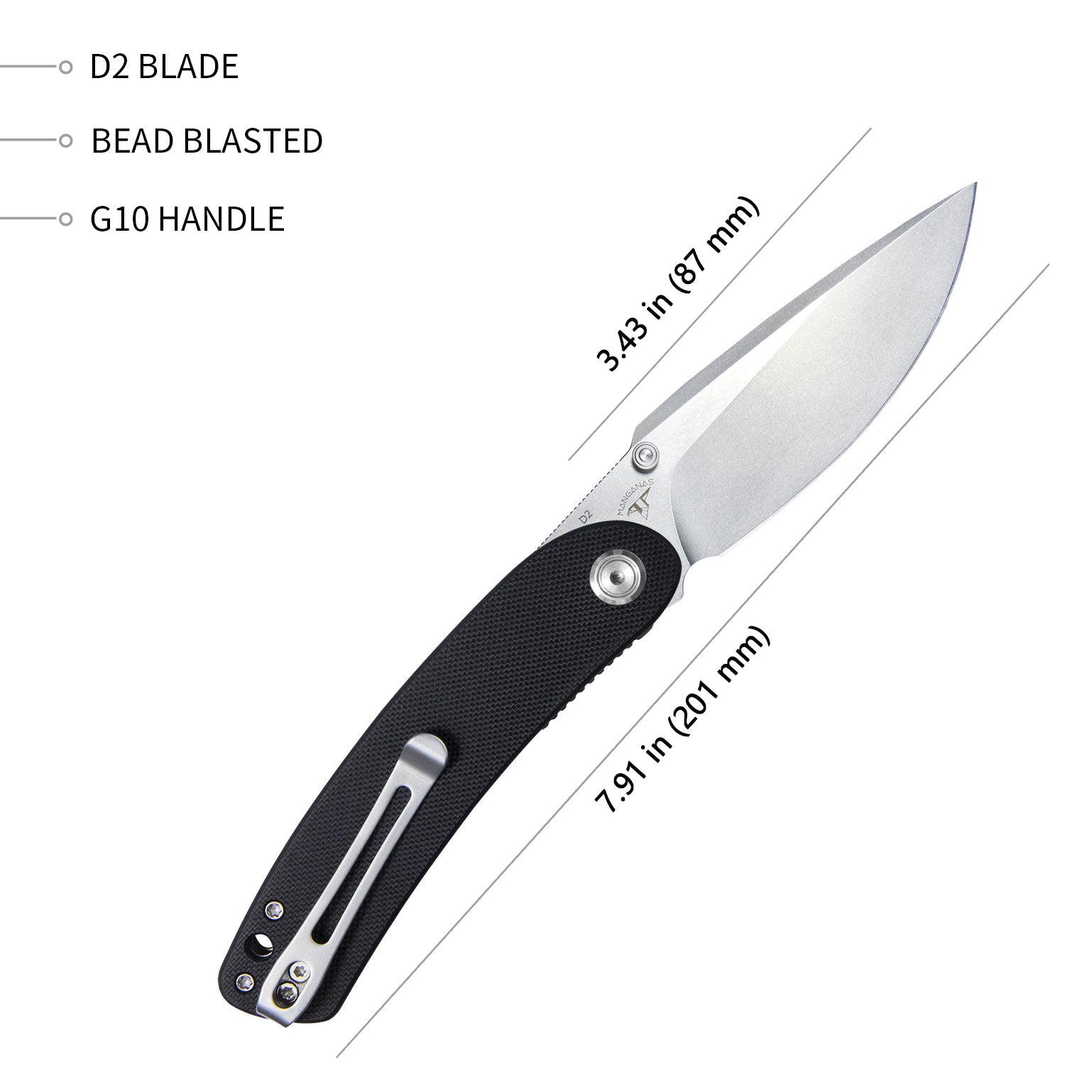 Kubey Momentum Sherif Manganas Design Liner Lock Front Flipper / Dual Studs Open Folding Knife Black G10 Handle 3.43" Bead Blasted D2 KU344A