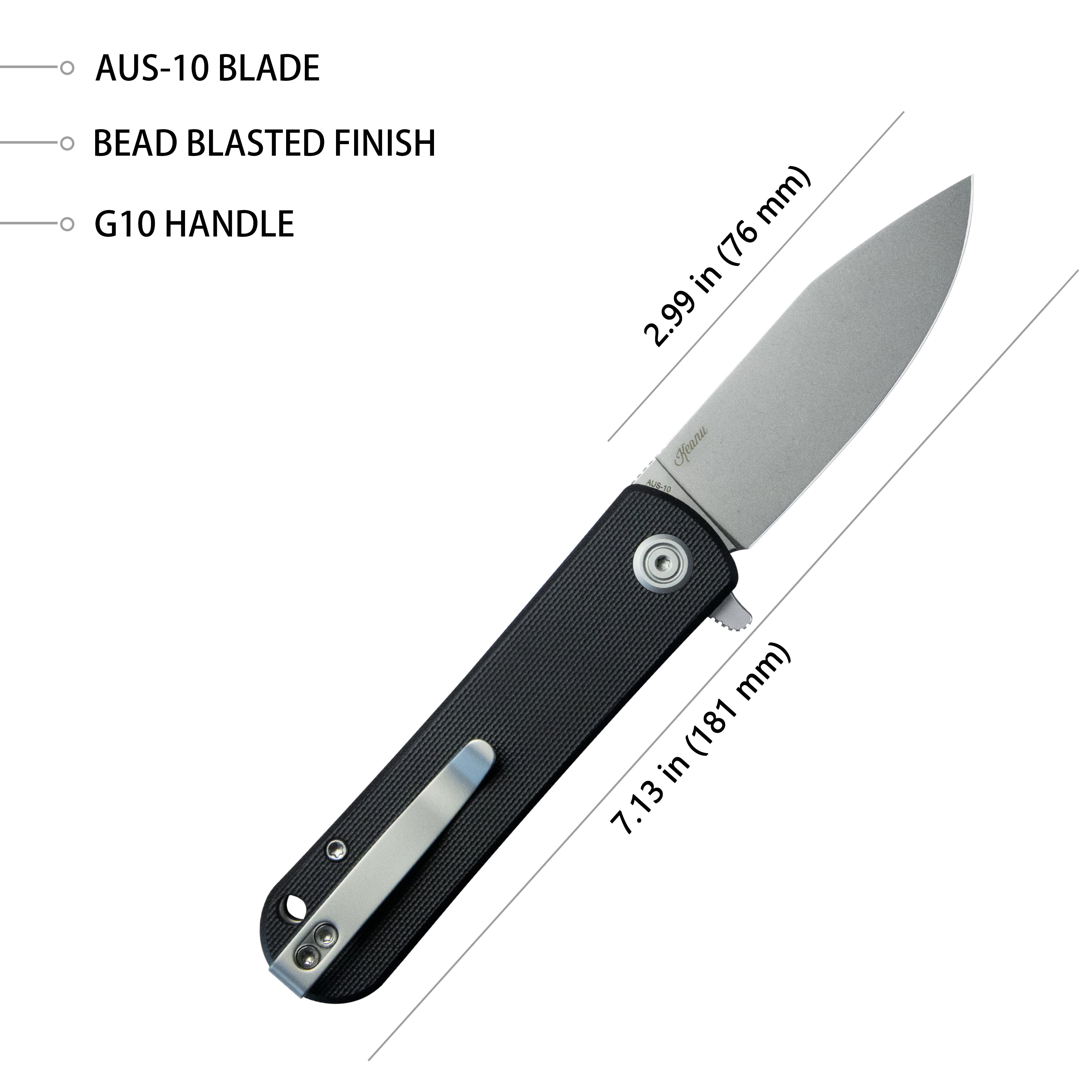 Kubey NEO Outdoor Folding Pocket Knife Black G10 Handle 3.43" Beadblast AUS-10 KU371A