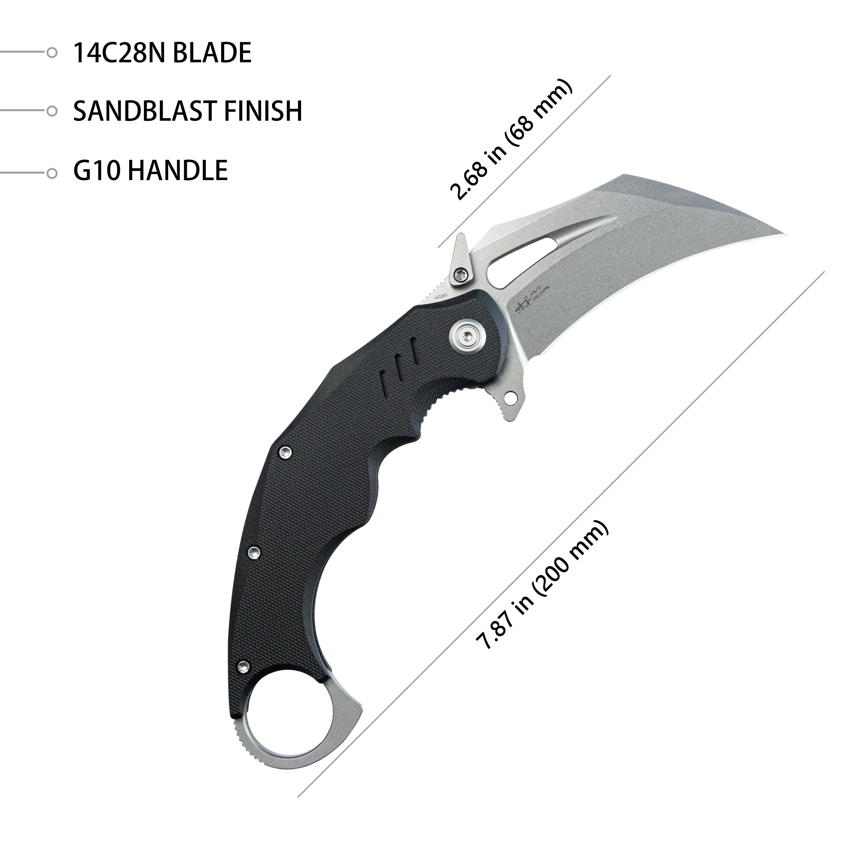 Kubey Wrath Karambit Folding Knife Black G-10 Handle 2.68" Beadblast 14C28N Blade KU261A