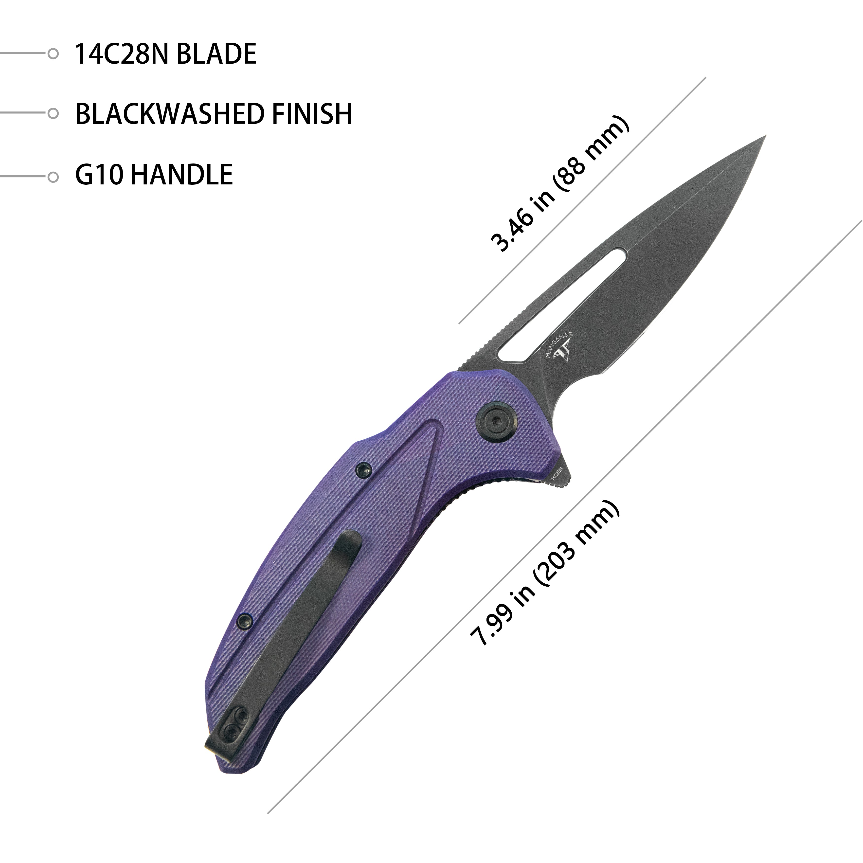 Kubey Nautilus Flipper Knife Purple G10 Handle 3.46" Blackwash 14C28N KU372A