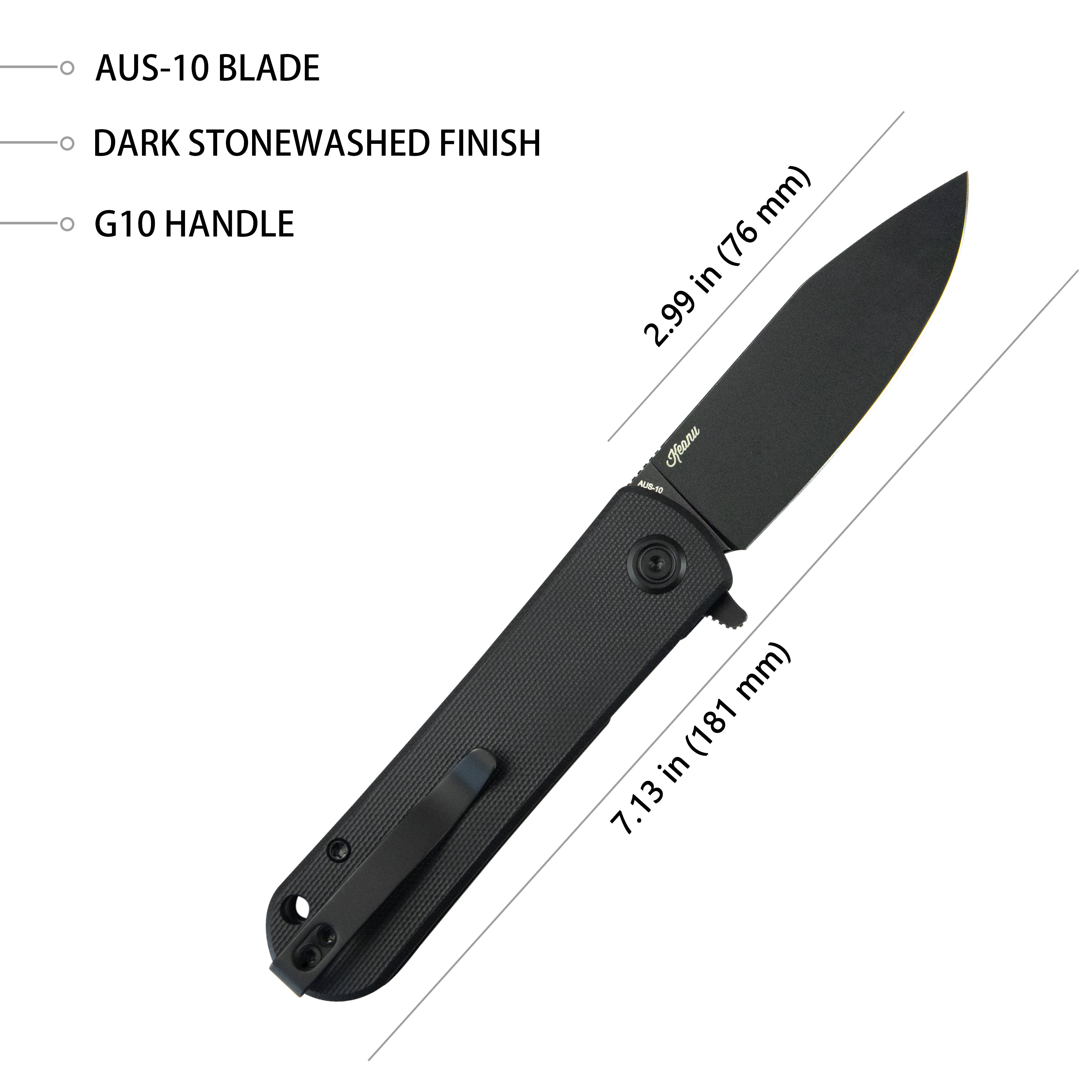 Kubey NEO Outdoor Folding Pocket Knife Black G10 Handle 3.43" Blackwash AUS-10 KU371B