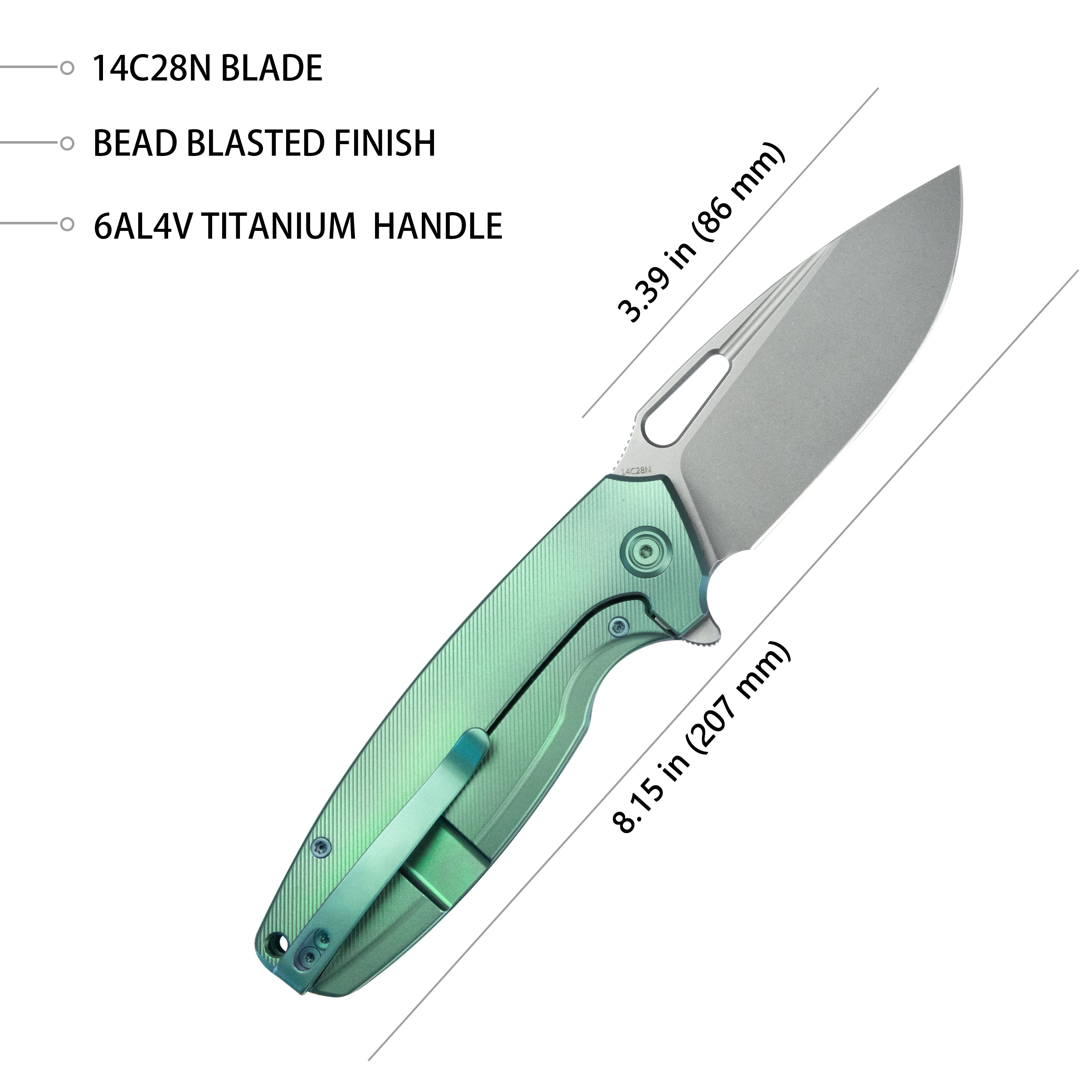 Kubey Tityus Frame Lock Flipper Folding Knife Green 6AL4V Contoured Titanium Handle 3.39" Bead Blasted 14C28N KB360B
