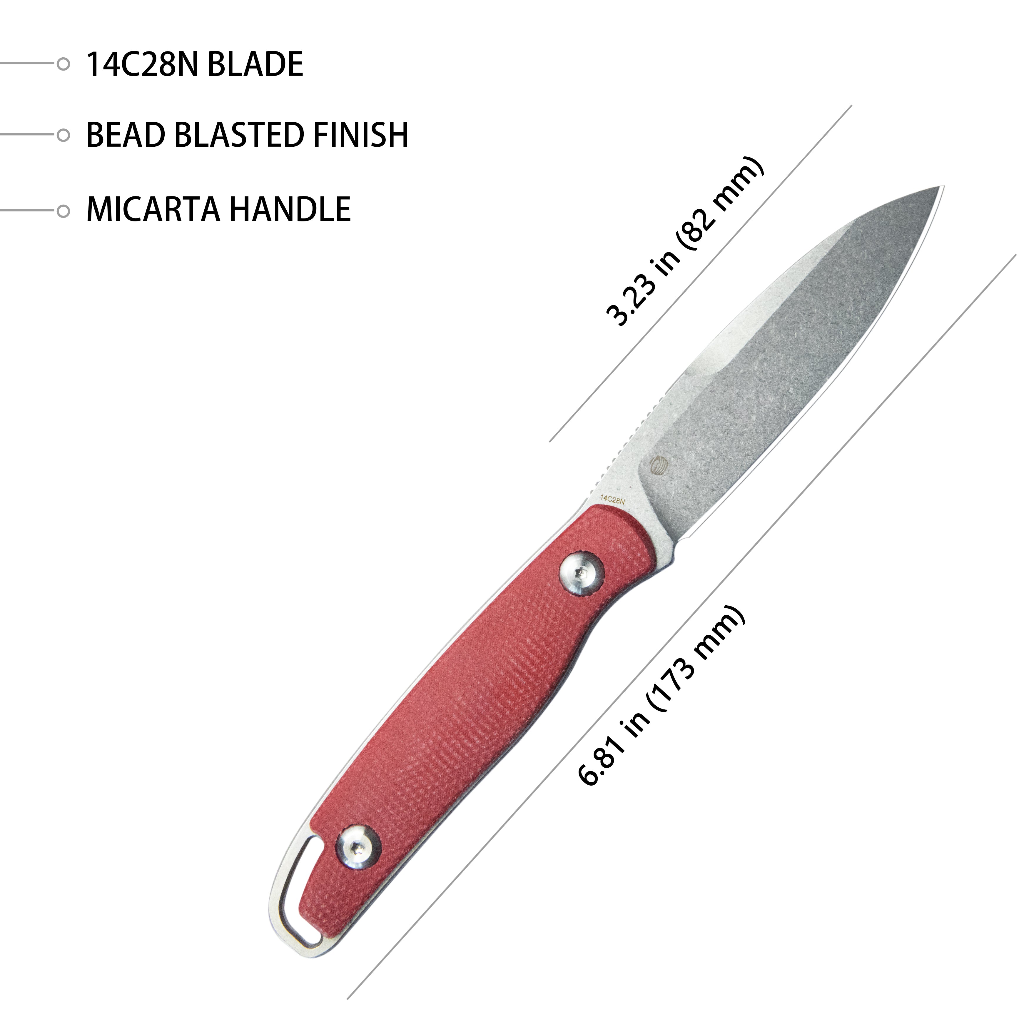 Kubey Dust Devil Outdoor Utility Knife Fixed Blade Knives Red Micarta 3.23'' Beadblast 14C28N KU357B