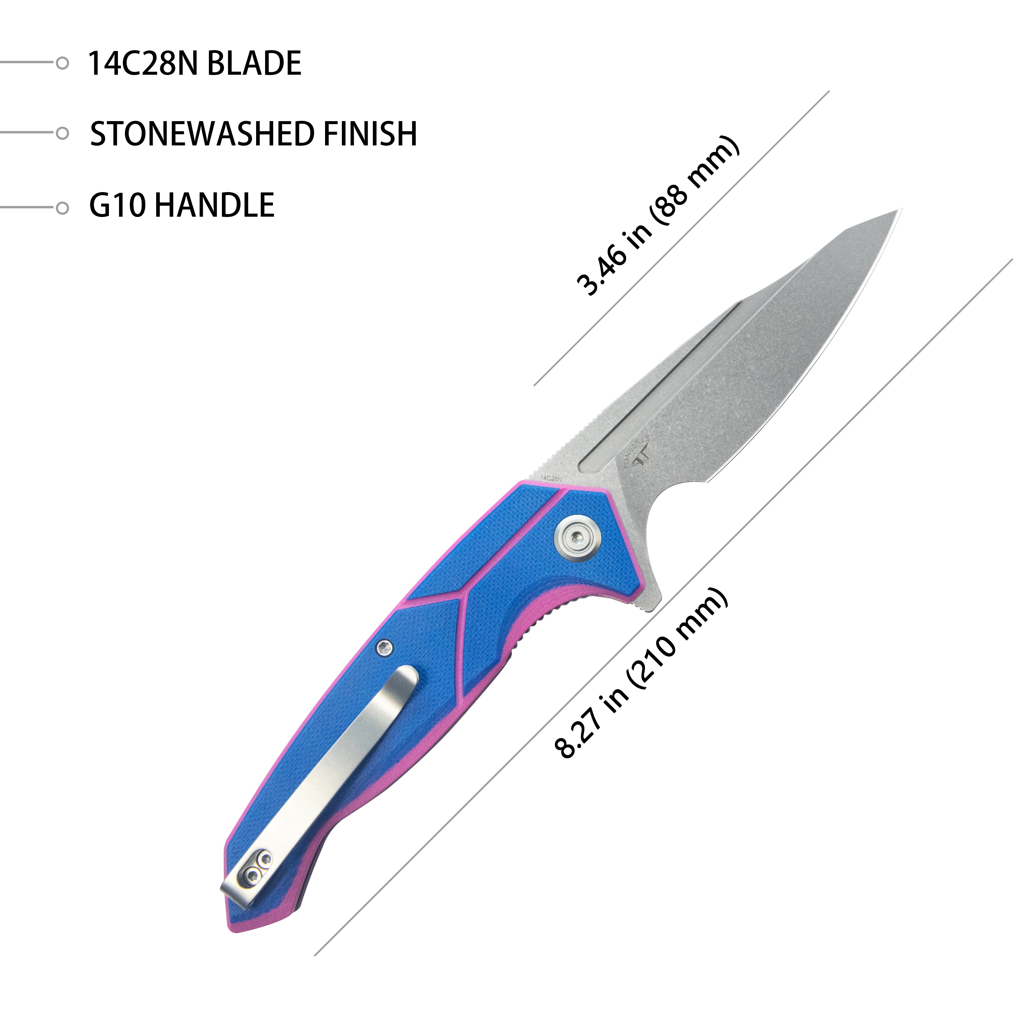 Kubey RBC-1 Outdoor Flipper Knife Blue Pink G10 Handle 3.46" Stonewash 14C28N KU373C