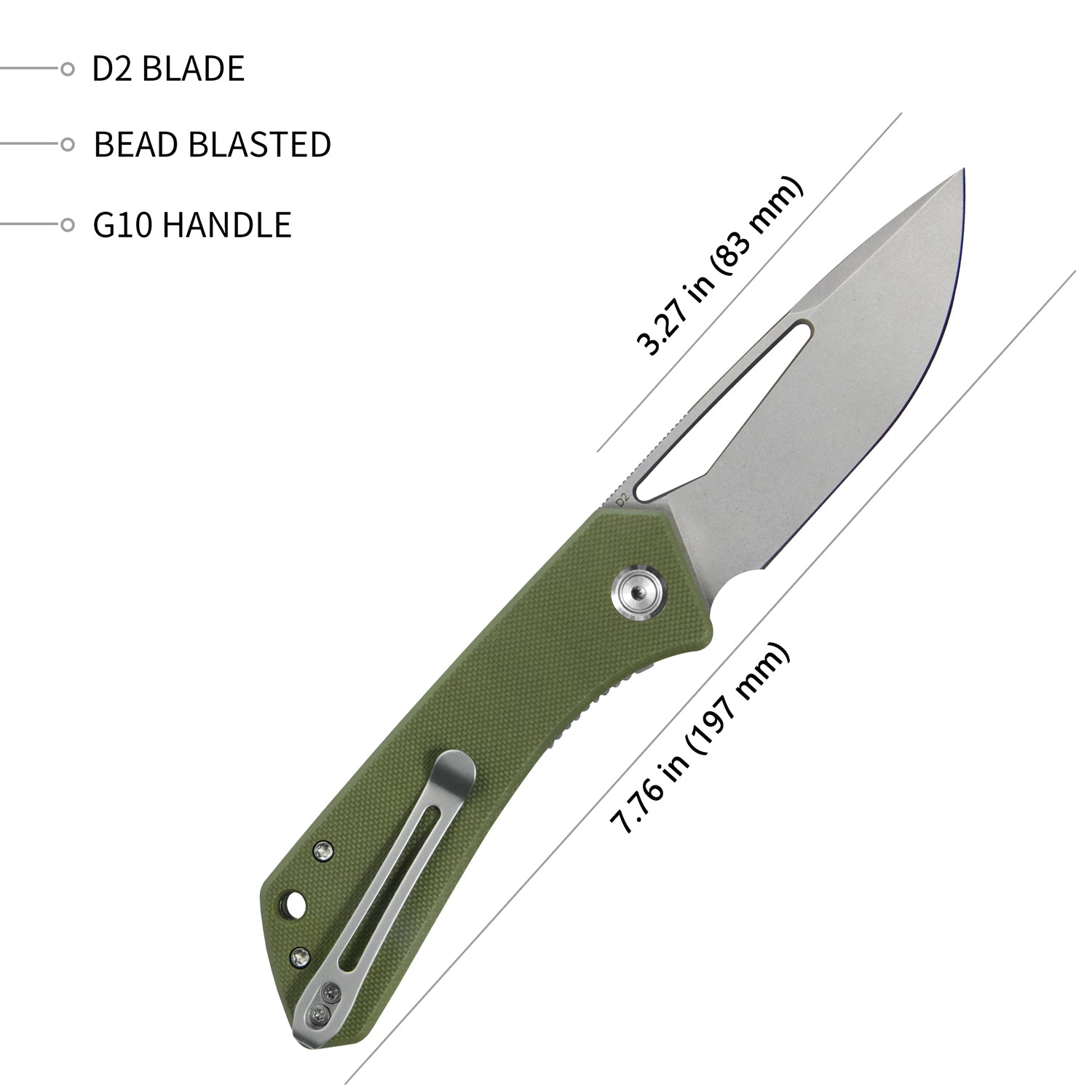 Kubey Thalia Front Flipper EDC Pocket Folding Knife Green G10 Handle 3.27" Bead Blasted D2 KU331D