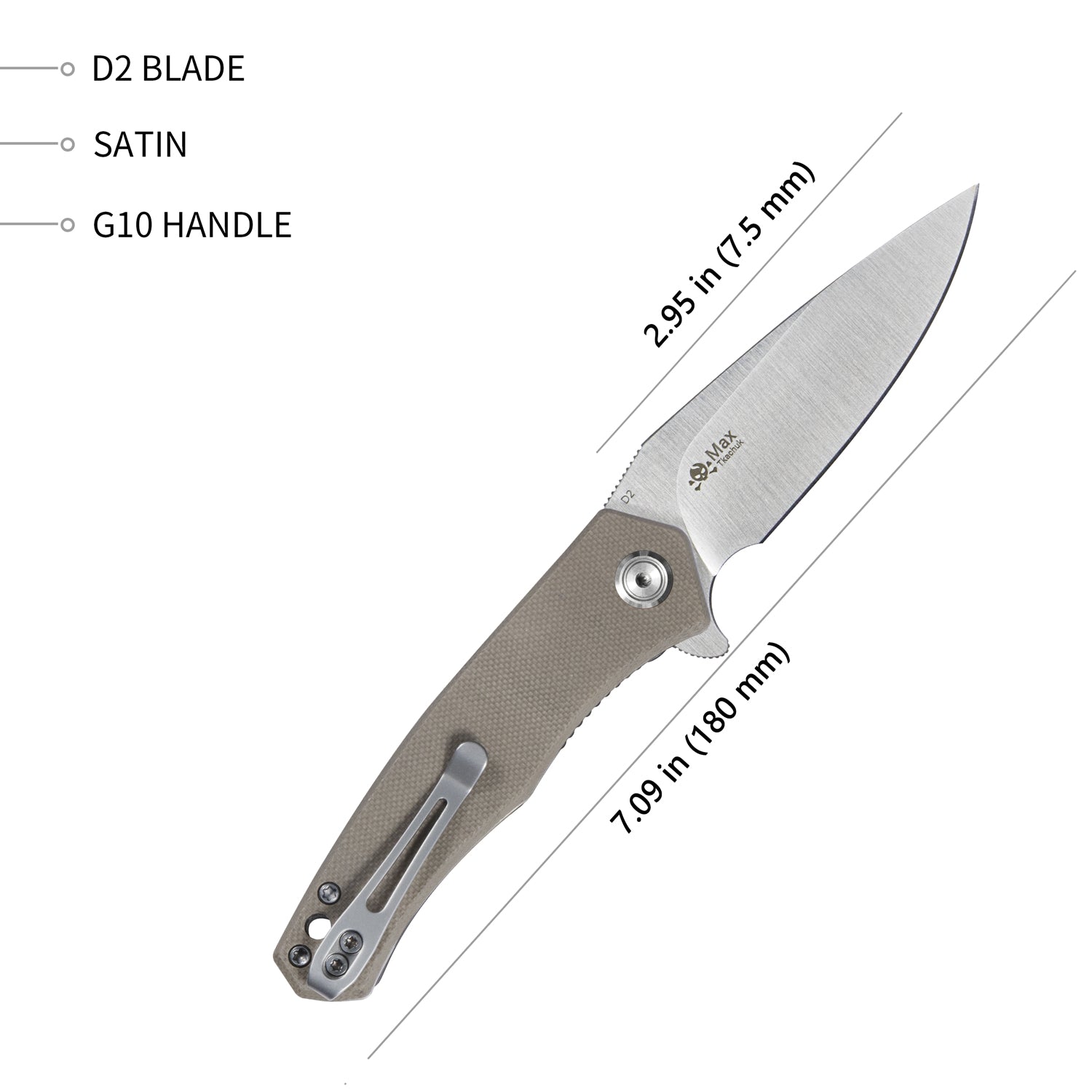 Kubey Liner Lock Flipper Folding Knife Tan G10 Handle 2.95" Satin D2 KU055C