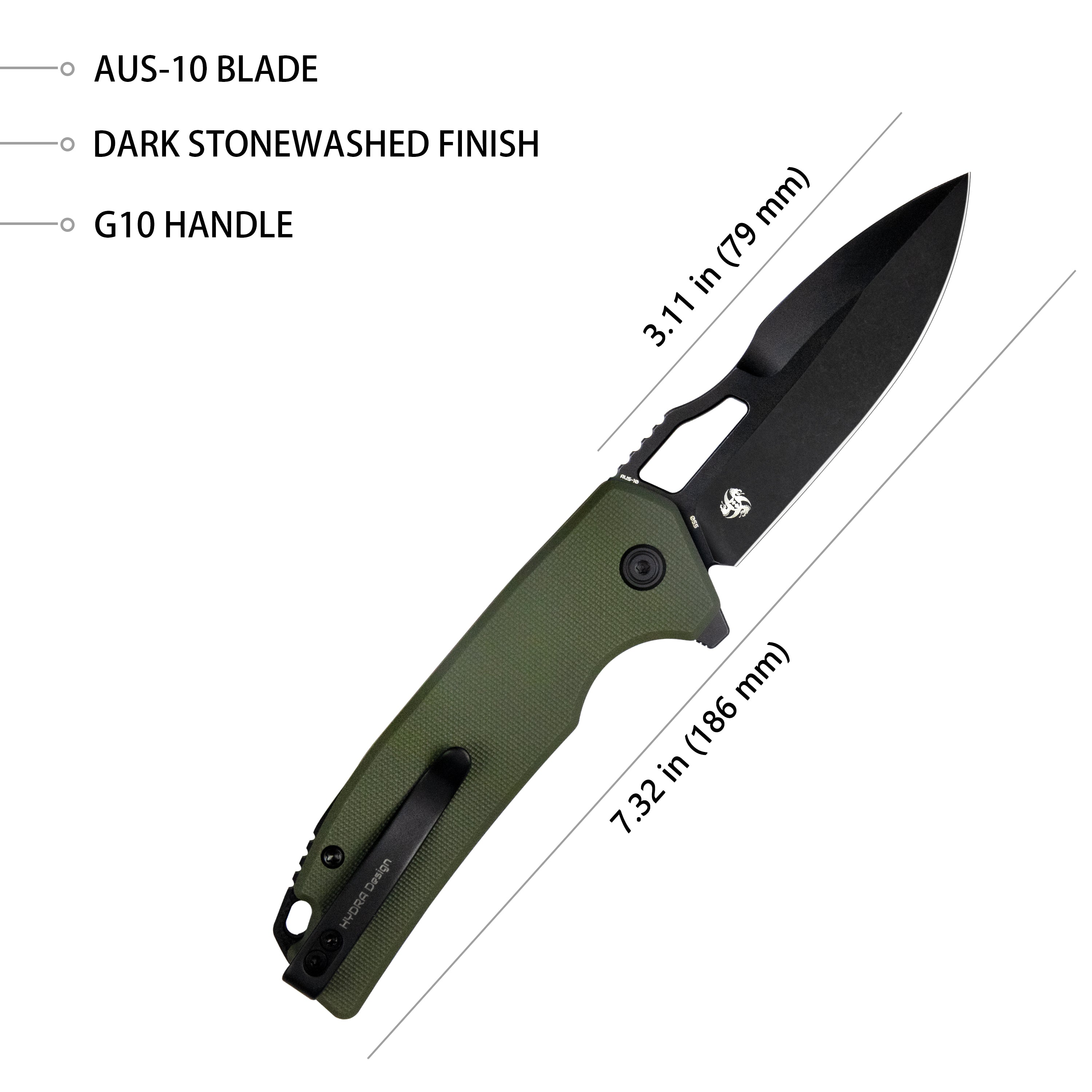 Kubey RDF Pocket Knife with Button Lock Full-Contoured Green G-10 Handle 3.11" Blackwash AUS-10 Blade, Lightweight Hydra Designed Folding Knife for EDC KU316B