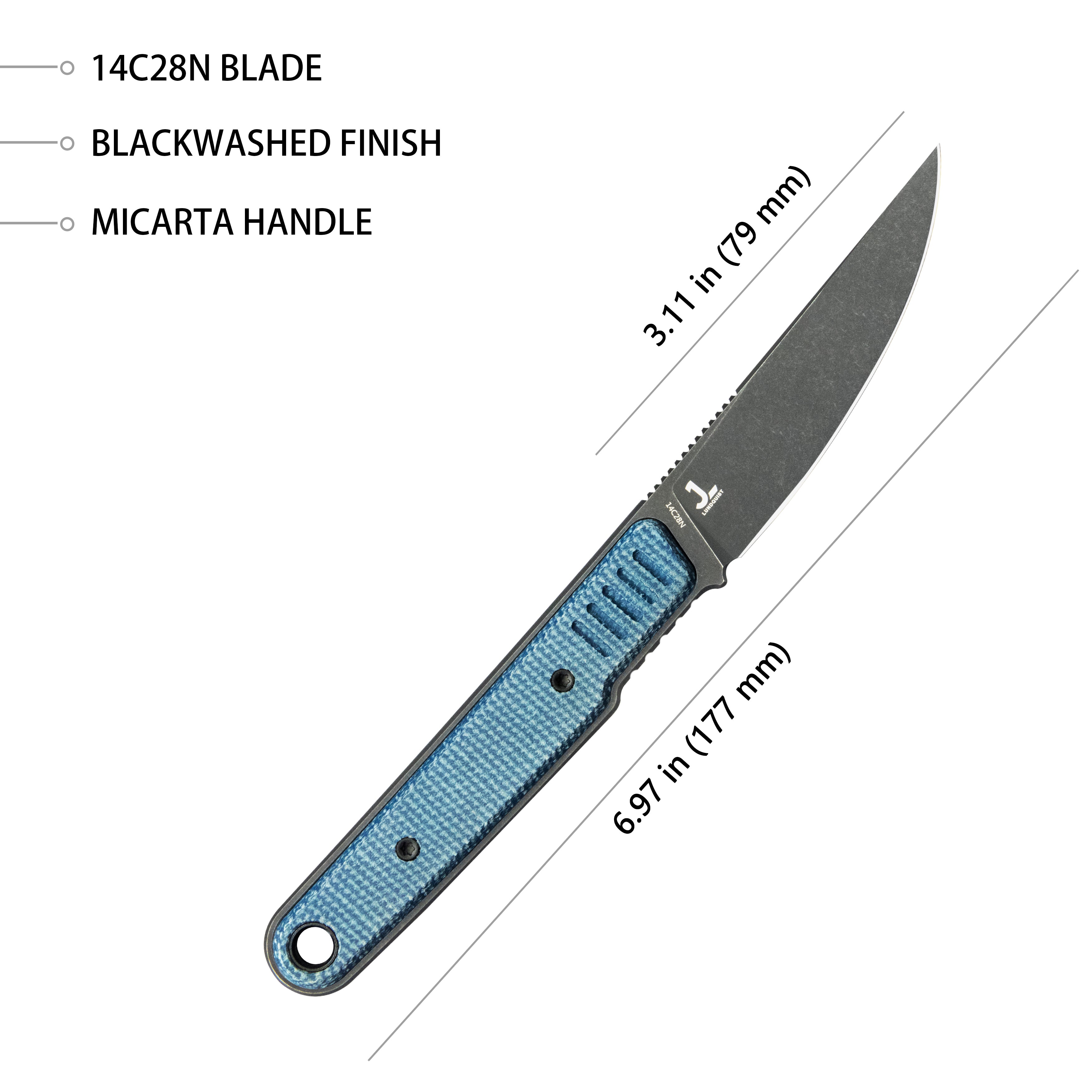 Kubey JL Kwaiken Fixie Everyday Carry Fixed Blade Knife Blue Micarta Handle 3.11" Blackwash 14C28N KU355B