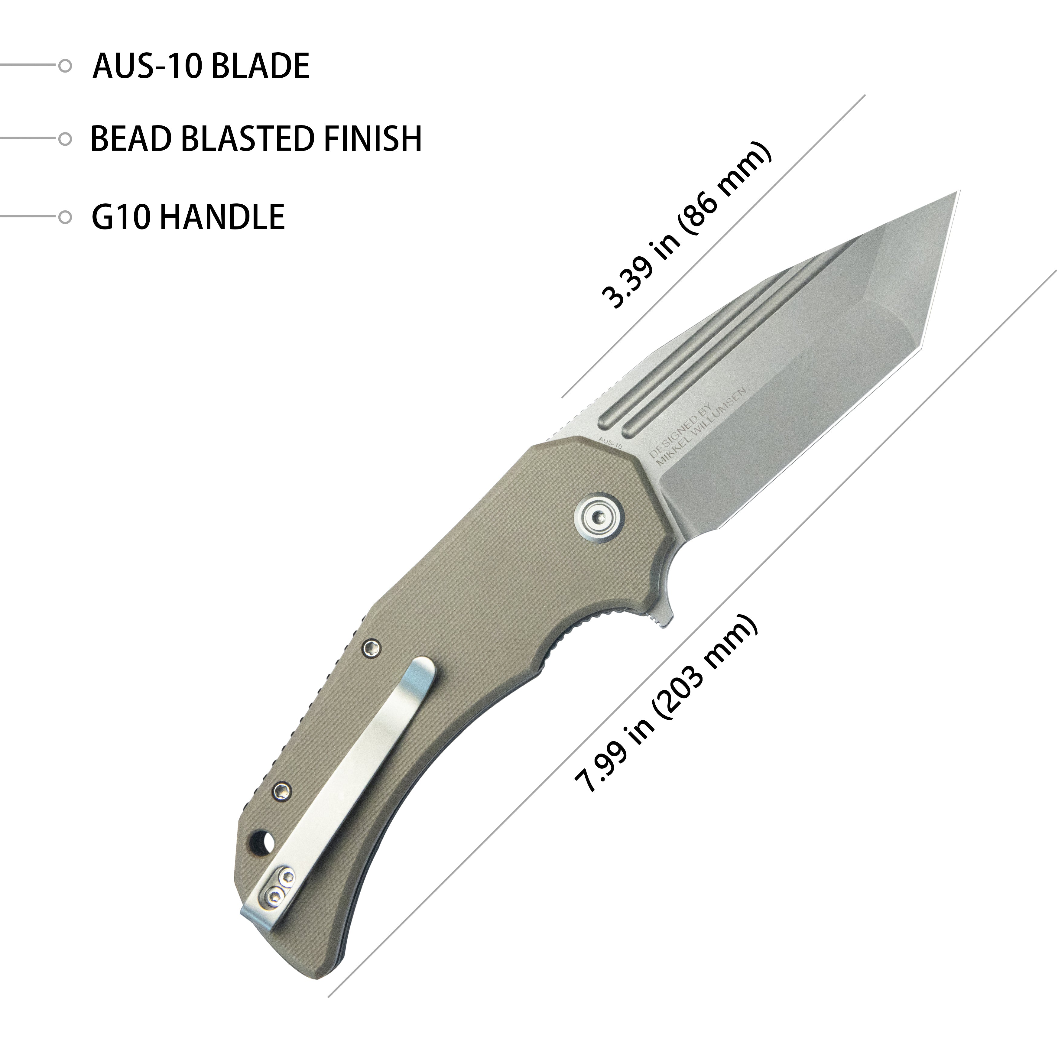 Kubey Mikkel Willumsen Design Bravo one Tanto Outdoor Folding Camping Knife Tan G10 Handle 3.39" Beadblast AUS-10 KU318C
