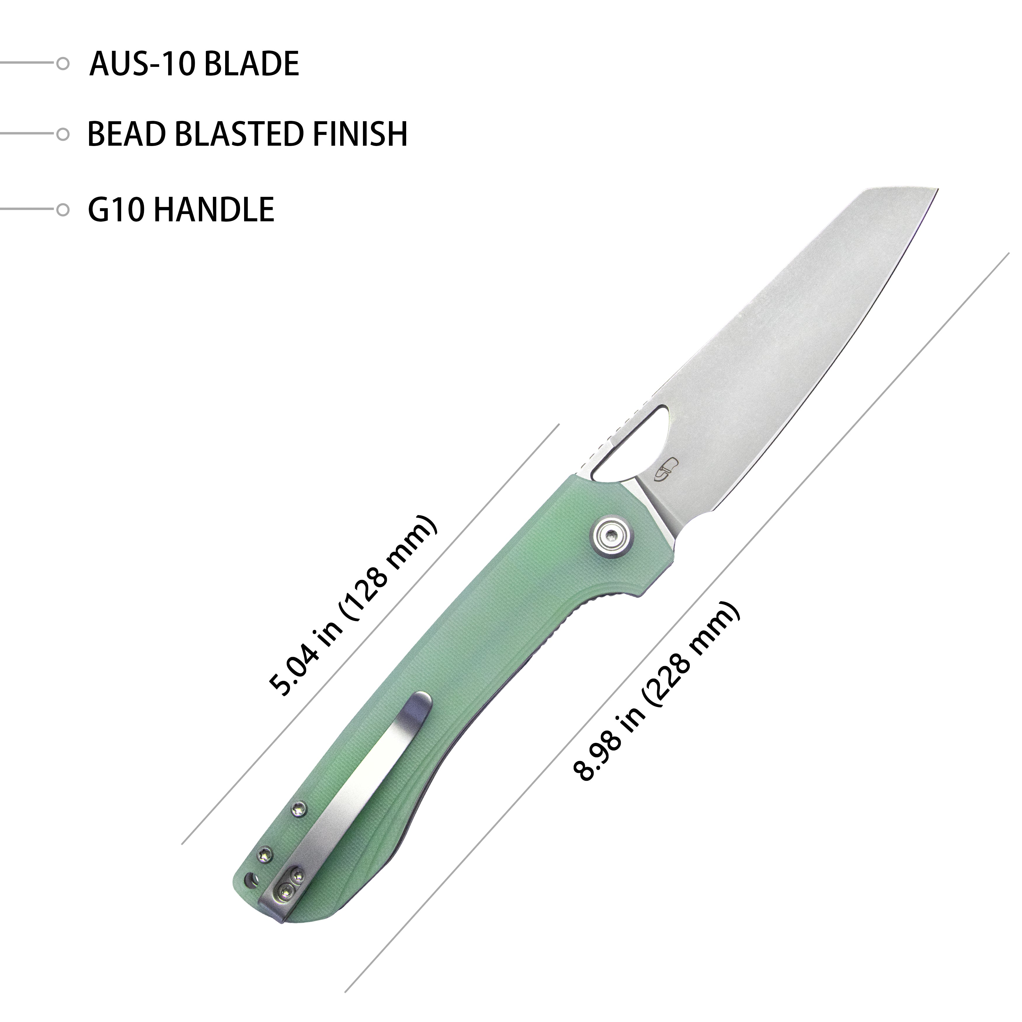 Kubey Elang Liner Lock Folding Knife Jade G10 Handle 3.94" Bead Blasted Sheepsfoot AUS-10 KU365C