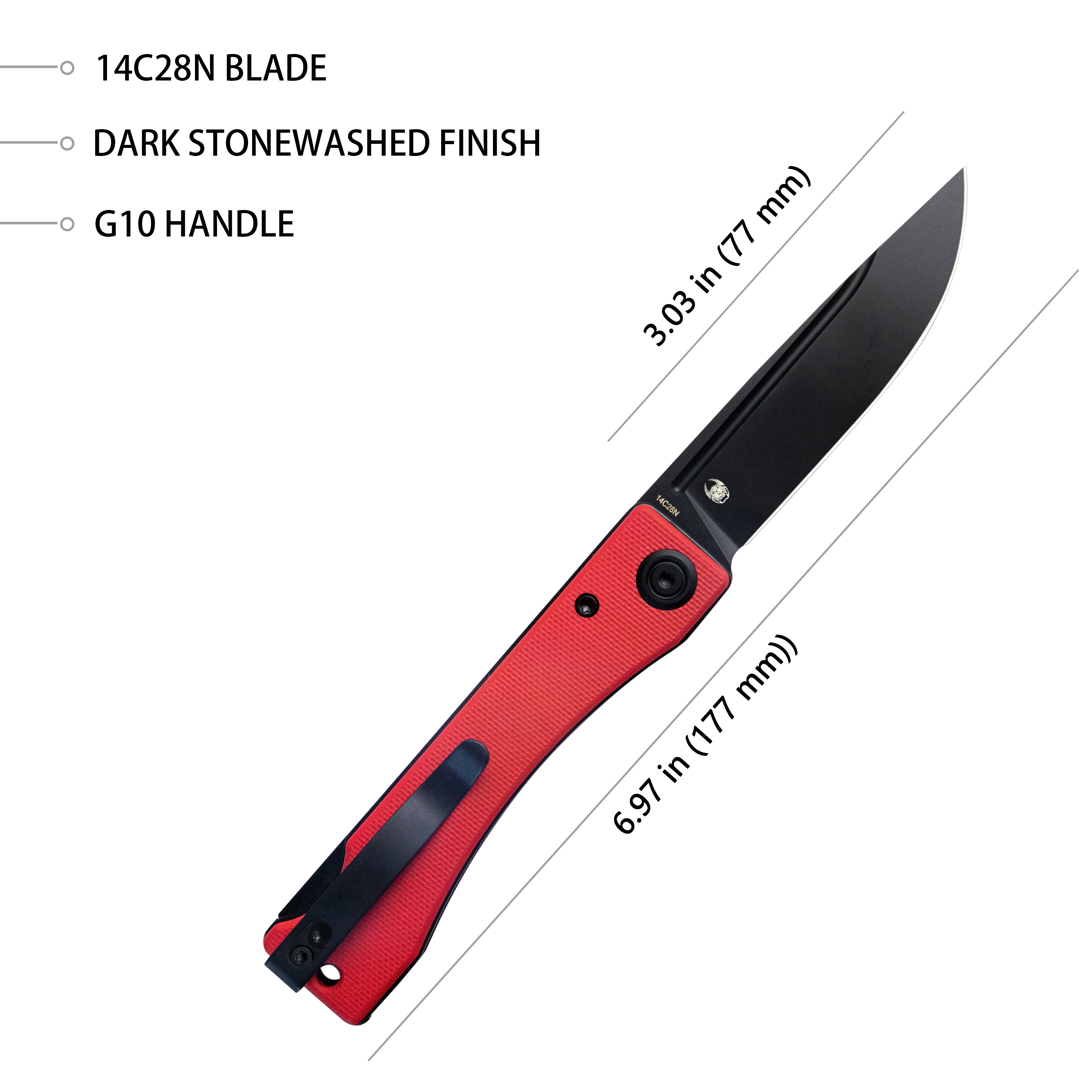 Kubey Akino Lockback Pocket Folding Knife Red G10 Handle 3.15" Blackwashed Sandvik 14C28N KU2102C