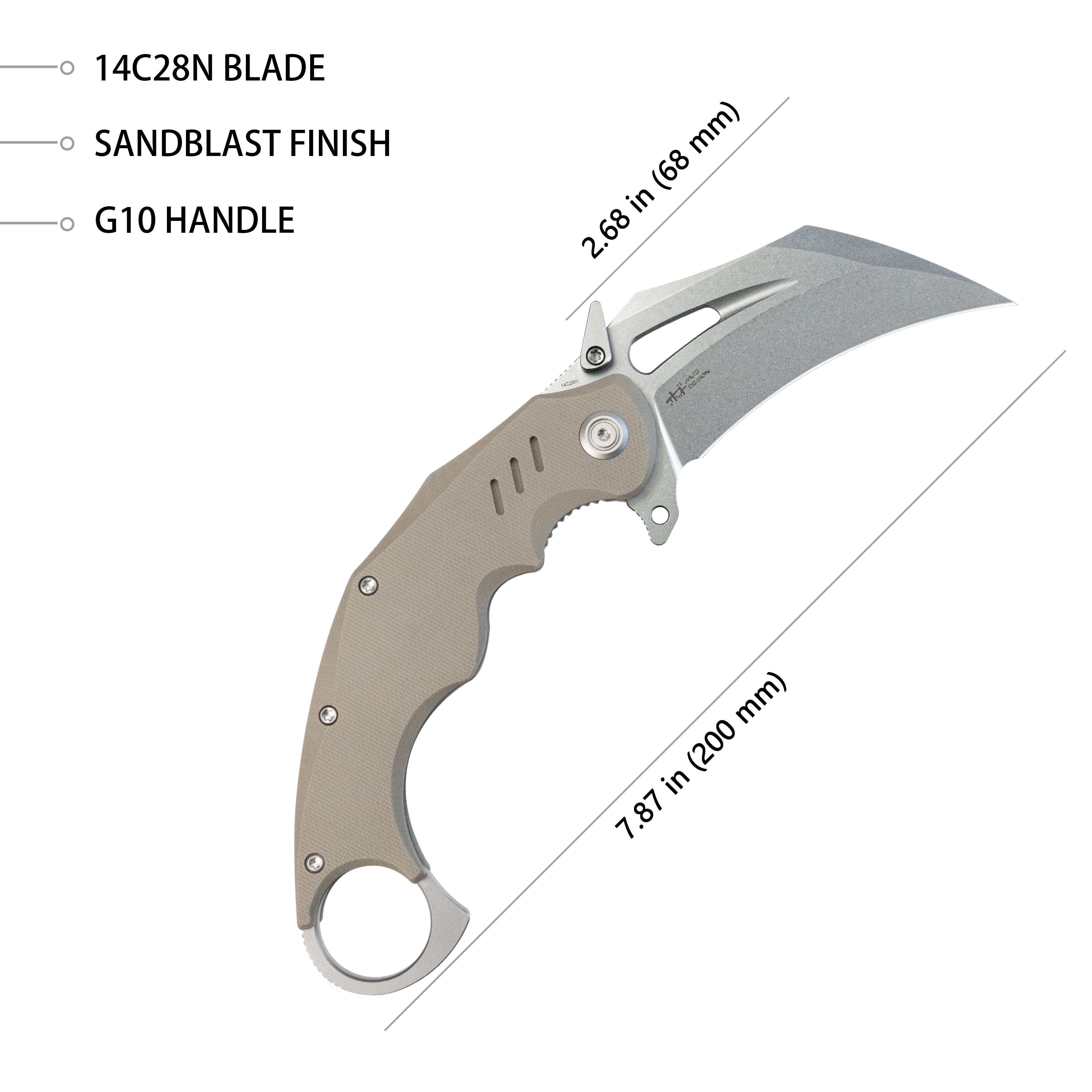 Kubey Wrath Karambit Folding Knife Tan G-10 Handle 2.68" Beadblast 14C28N Blade KU261C