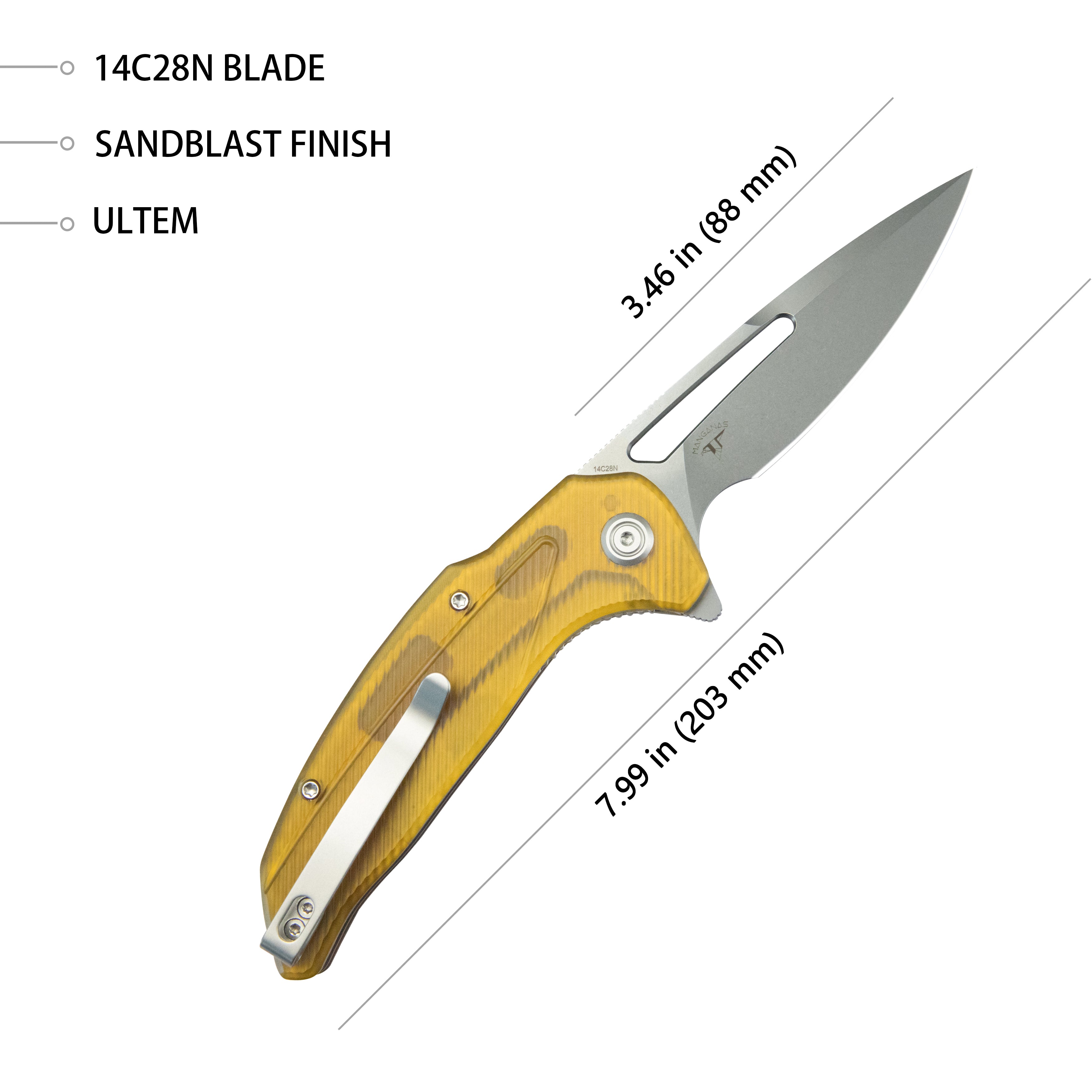 Kubey Nautilus Flipper Knife Ultem Handle 3.46" Silver Sandblast 14C28N KU372C