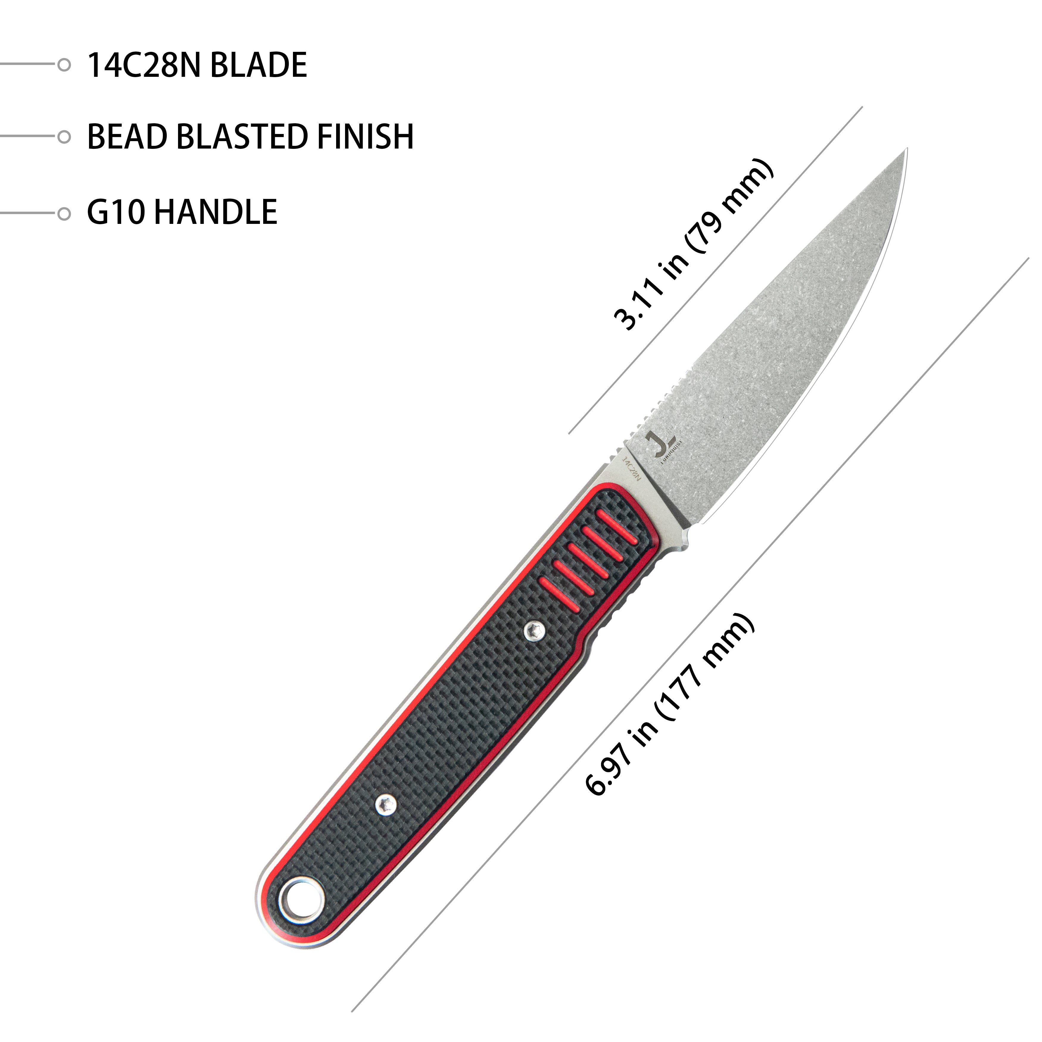 Kubey JL Drop Point Fixie Every Day Carry Fixed Blade Knife Red Black G-10 3.11'' Drop Point Beadblast 14C28N KU356D