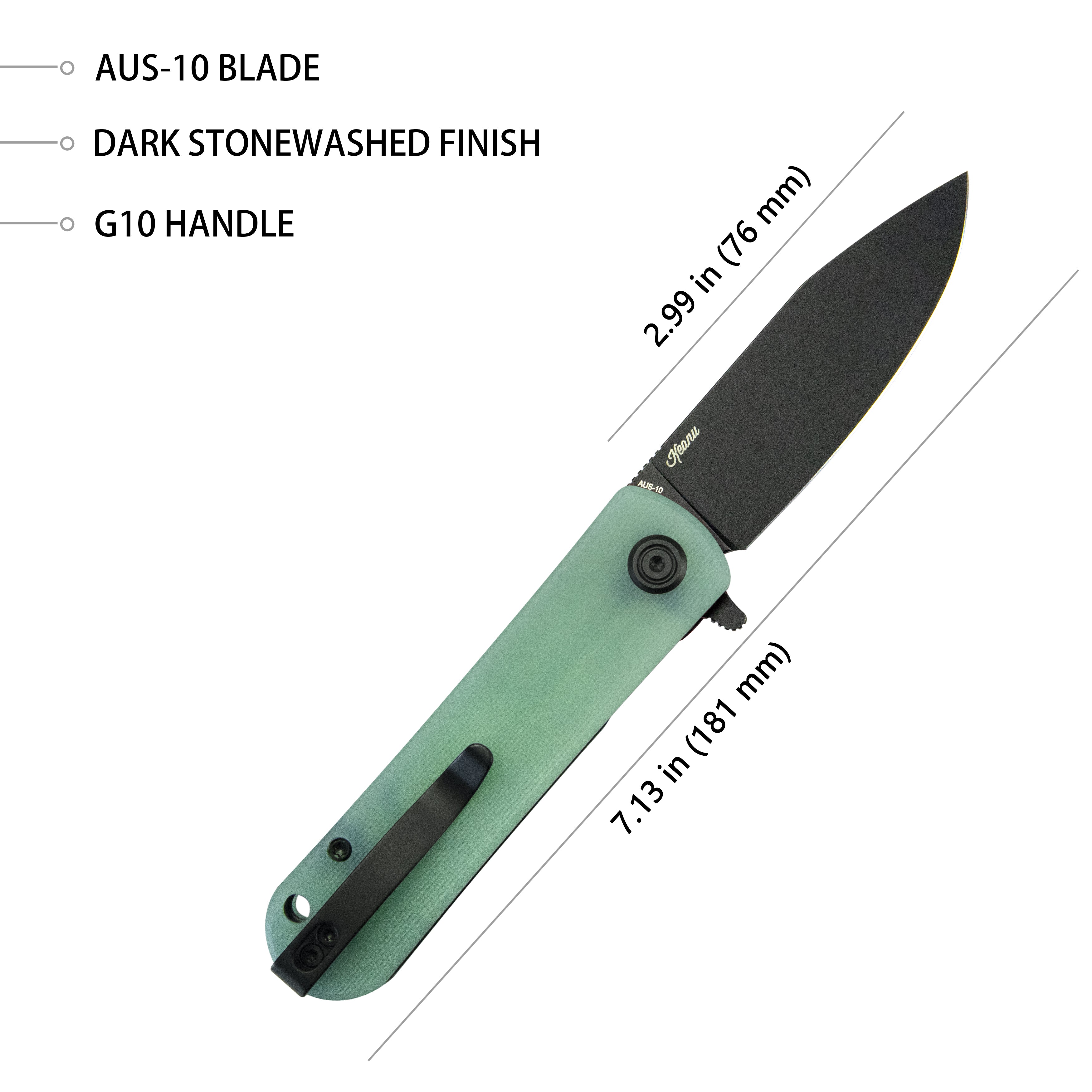 Kubey NEO Outdoor Folding Pocket Knife Jade G10 Handle 3.43" Blackwash AUS-10 KU371D