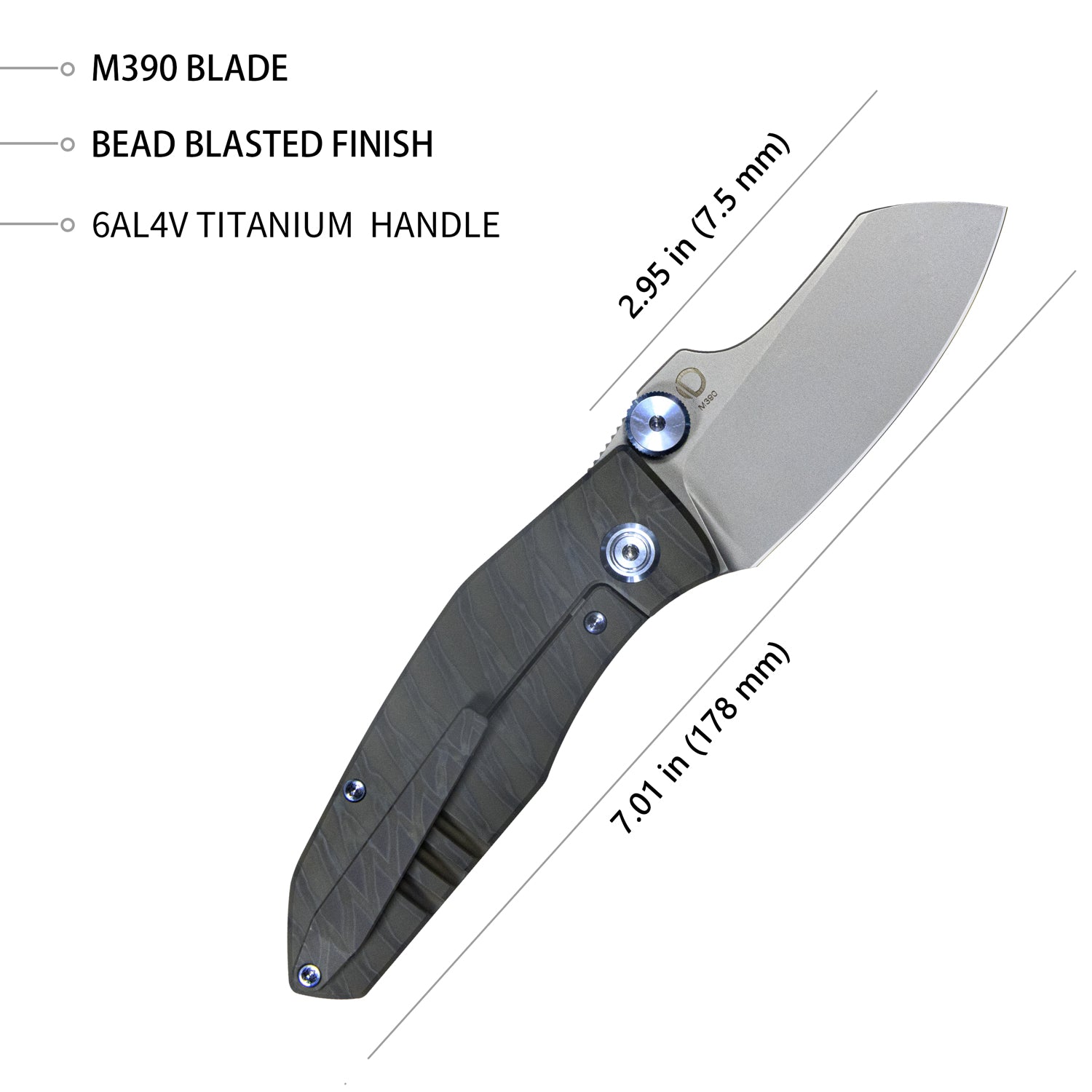 Kubey Monsterdog Frame Lock Dual Thumb Studs Folding Knife Titanium Handle 2.95" Bead Blasted M390 KB285D
