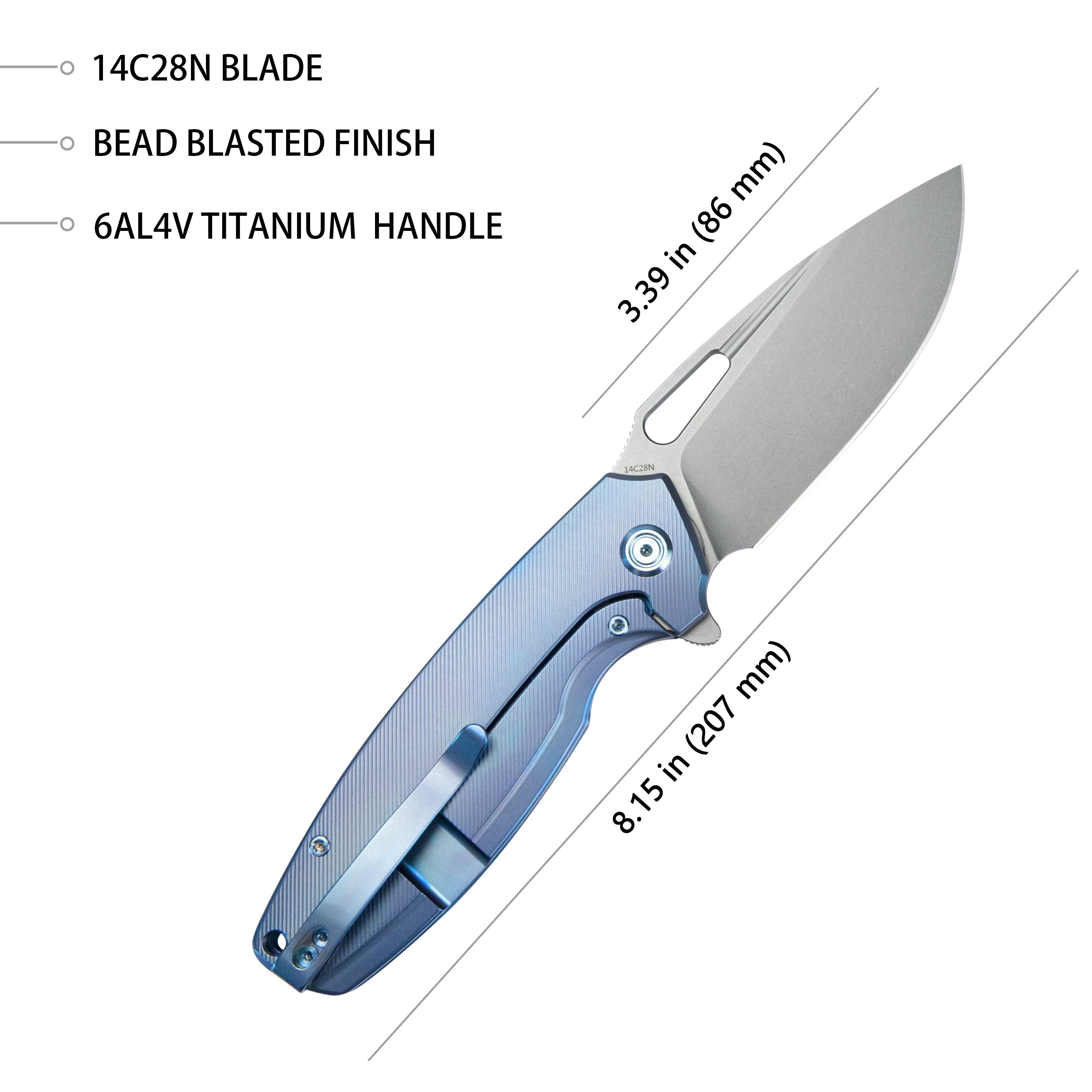Kubey Tityus Frame Lock Flipper Folding Knife Blue 6AL4V Contoured Titanium Handle 3.39" Bead Blasted 14C28N KB360D