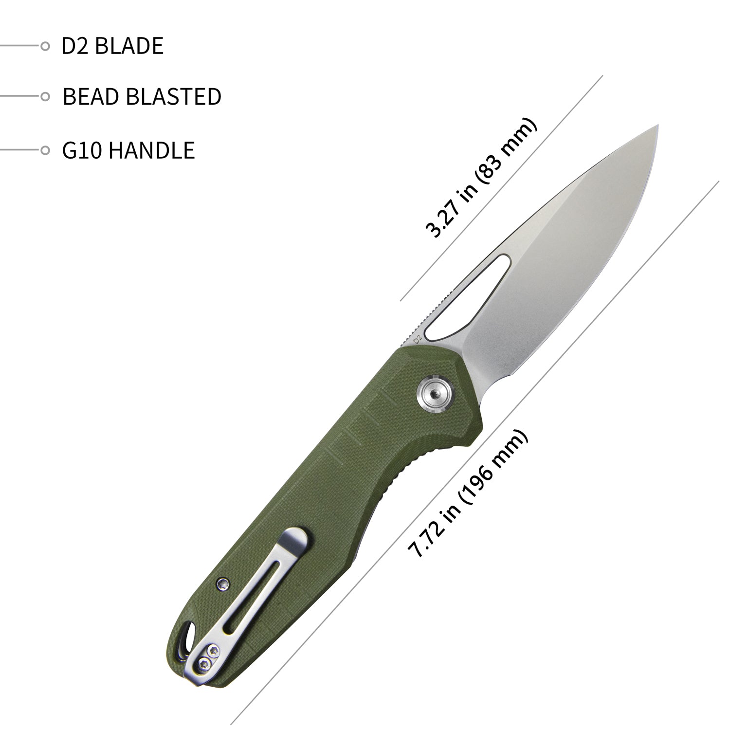 Kubey Doris Liner Lock Front Flipper Folding Knife Green G10 Handle 3.27" Bead Blasted Finish D2 KU324D