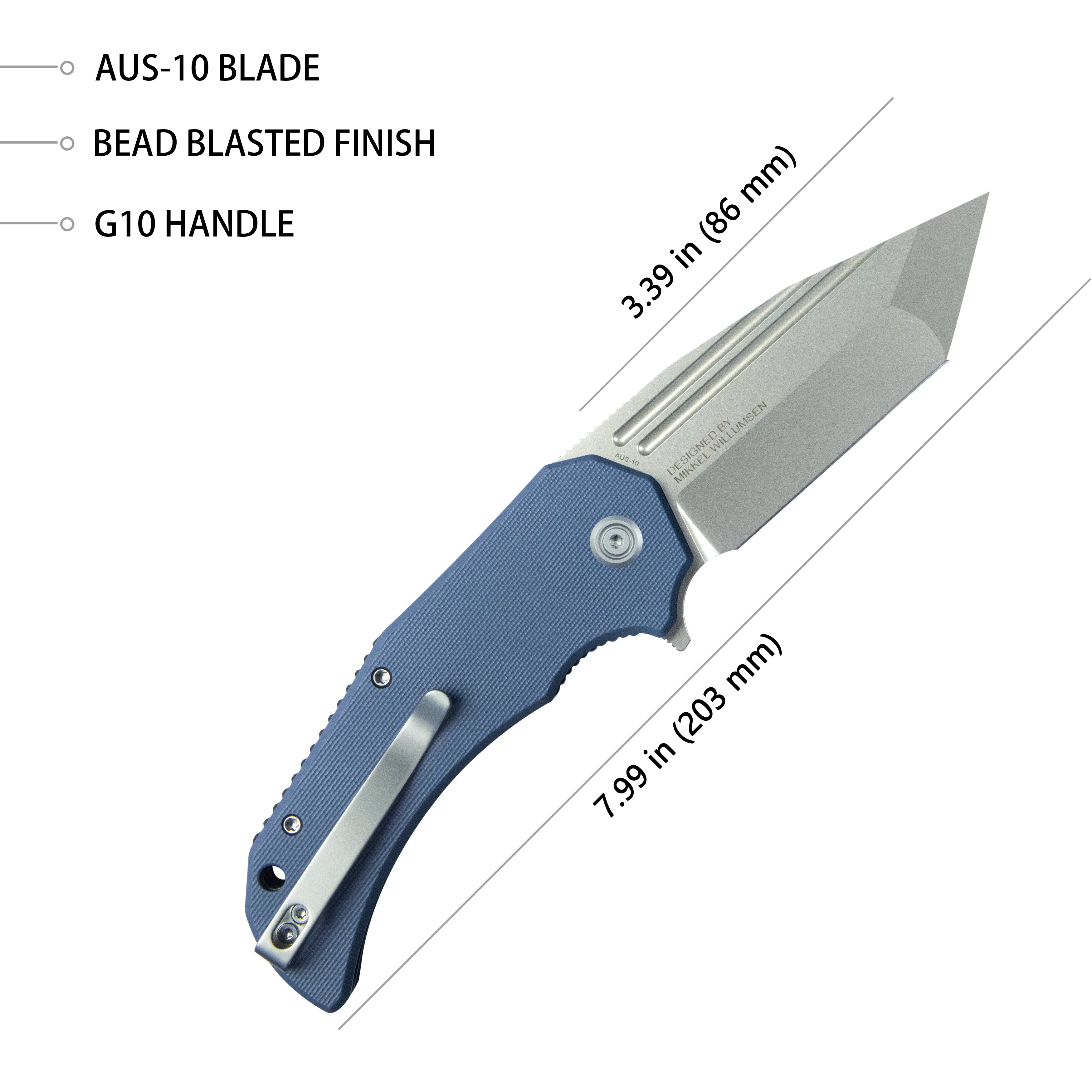 Kubey Mikkel Willumsen Design Bravo one Tanto Outdoor Folding Camping Knife Blue G10 Handle 3.39" Beadblast AUS-10 KU318E